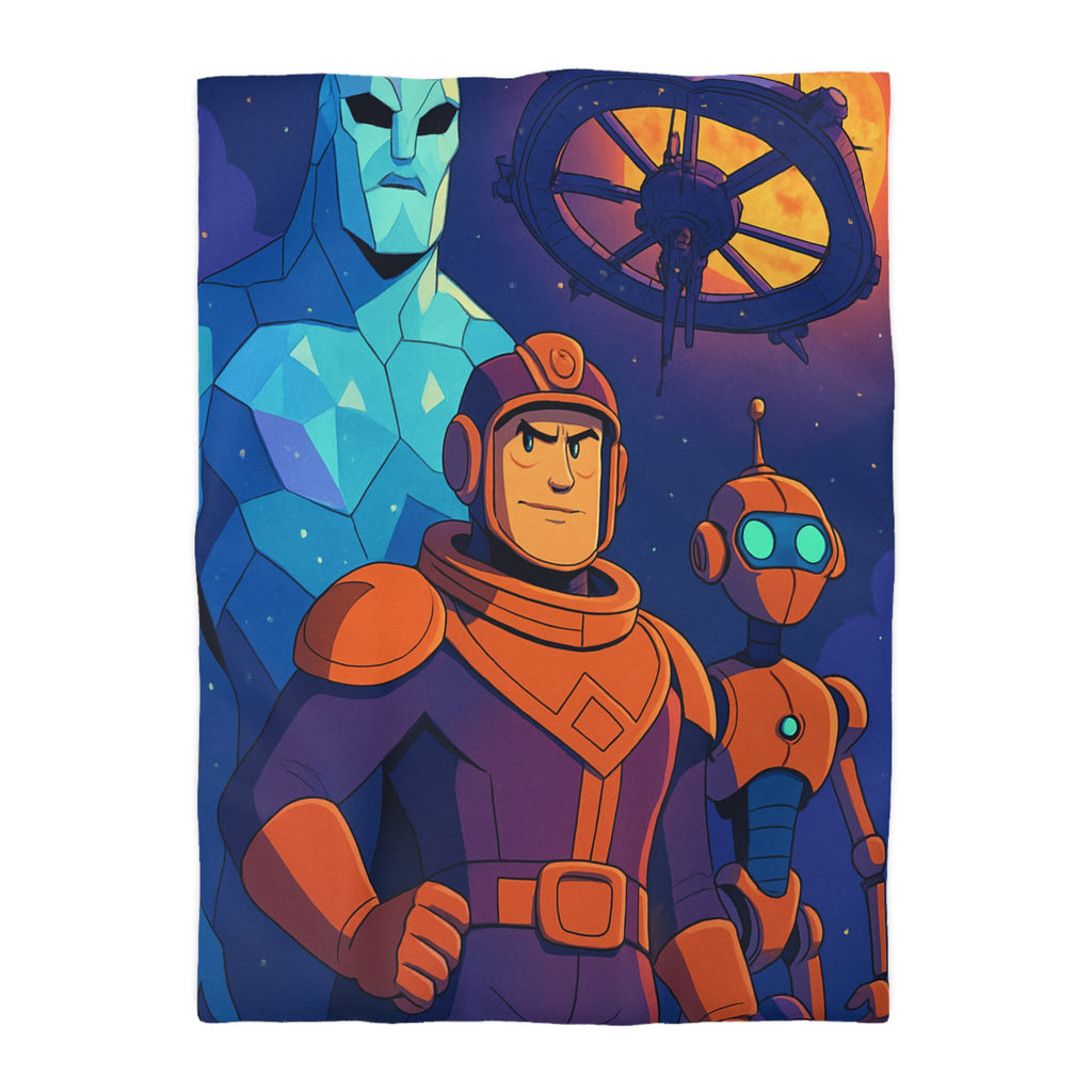 Housse de Couette Space Adventure: Héros, Robot et Alien Sous Lune Éclatante