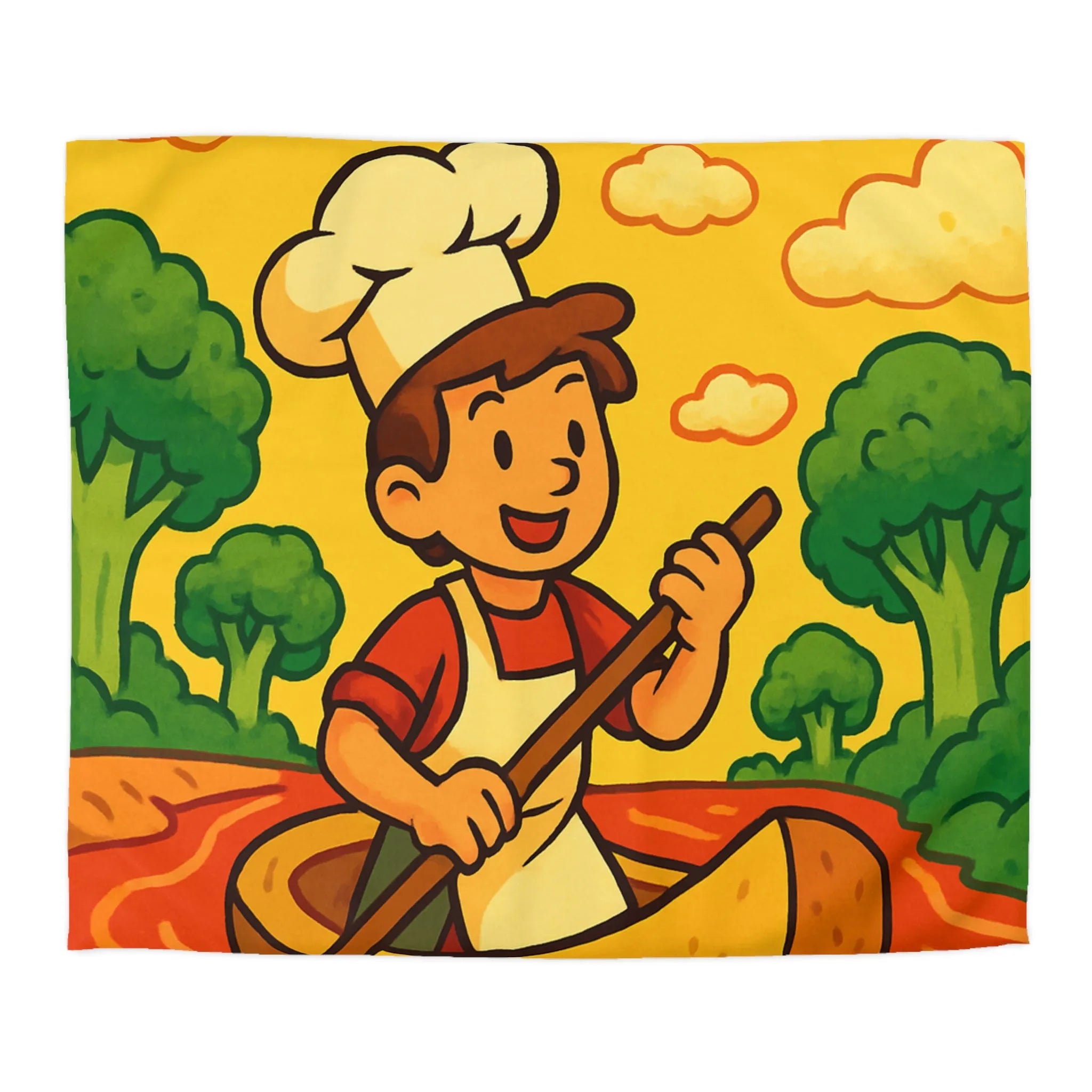 Housse de Couette Chef Enfant Naviguant en Barque sur Rivière Orange Ludique et Colorée