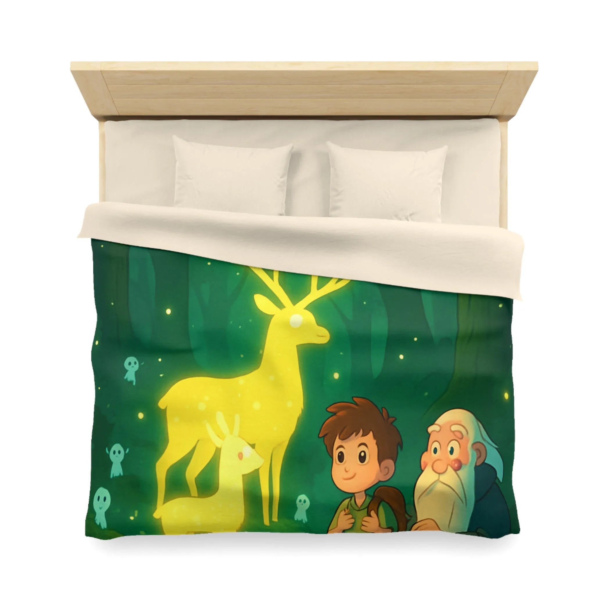 Housse de couette féerique avec cerfs lumineux et personnages dans une forêt enchantée