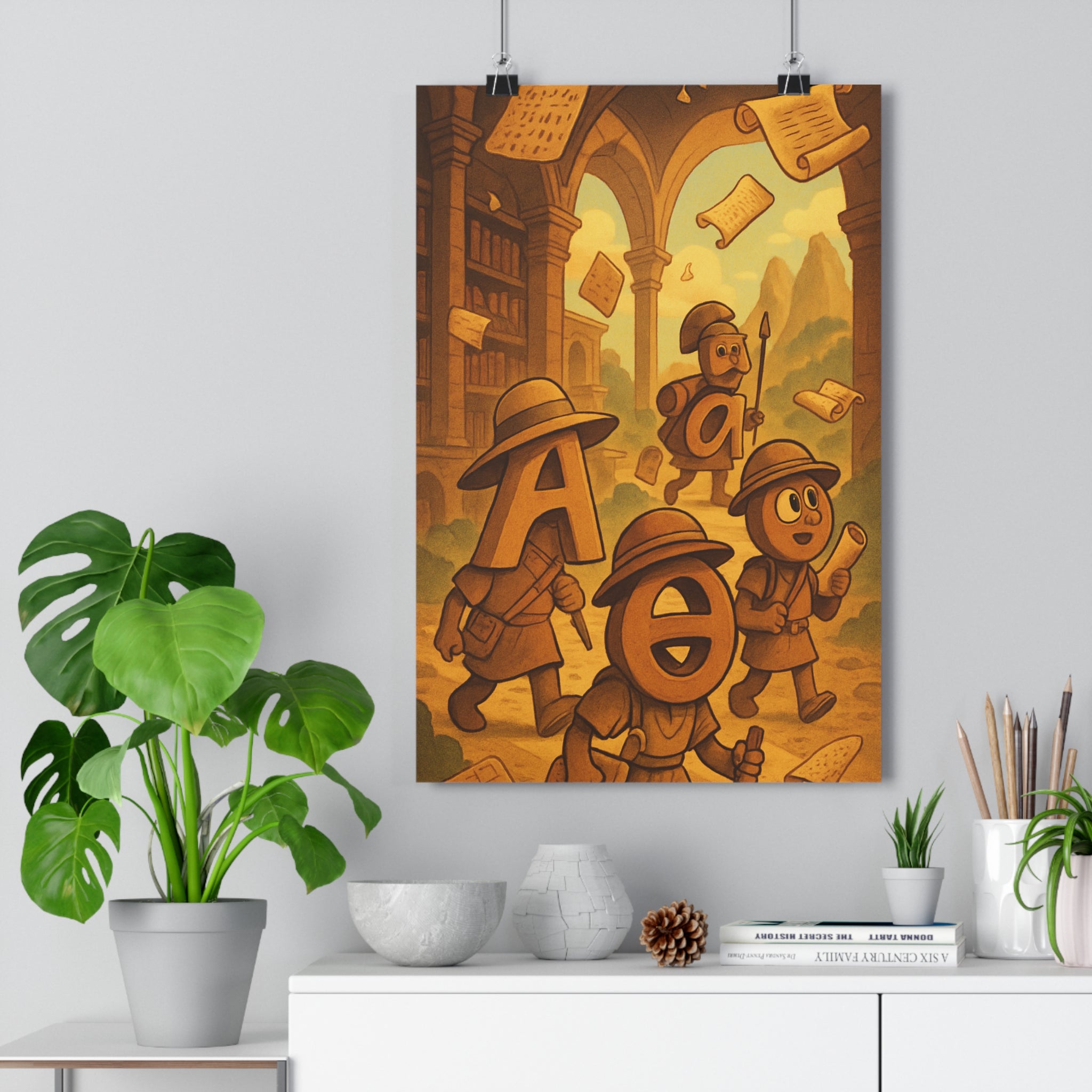 Poster décoratif cartoon aventure lettres anthropomorphes ocres bruns nostalgique explorateur historique architecturale chambre salon