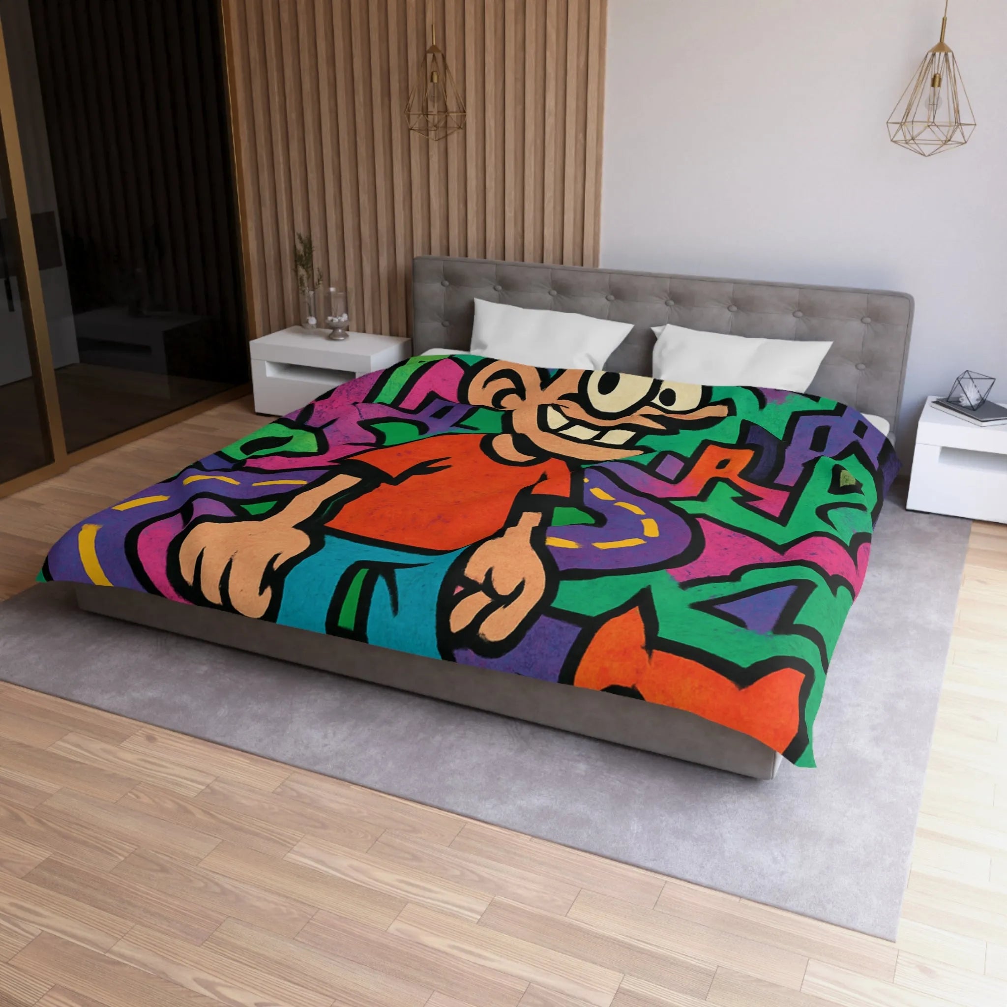Housse de couette colorée motifs urbains et dessins animés, style pop art dynamique