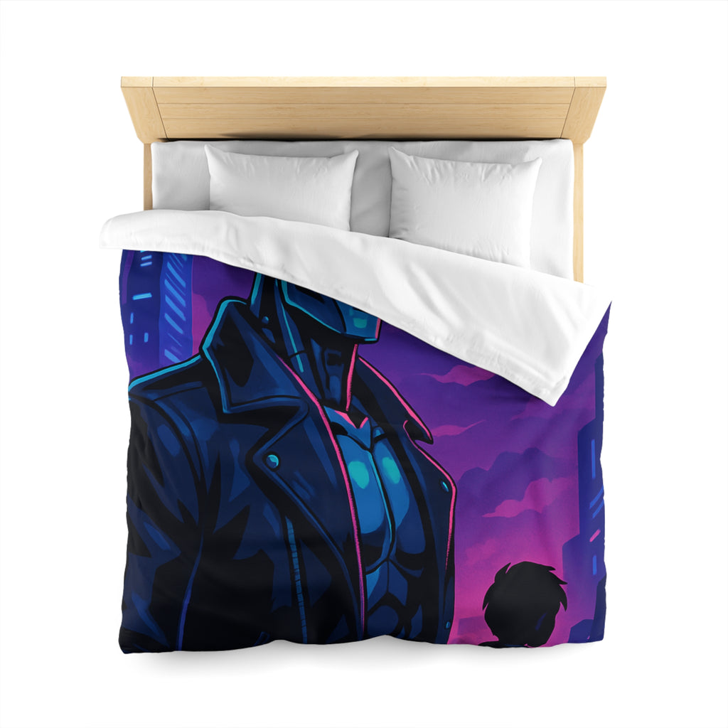 Housse de couette style néon avec robot futuriste et drones en ville de nuit