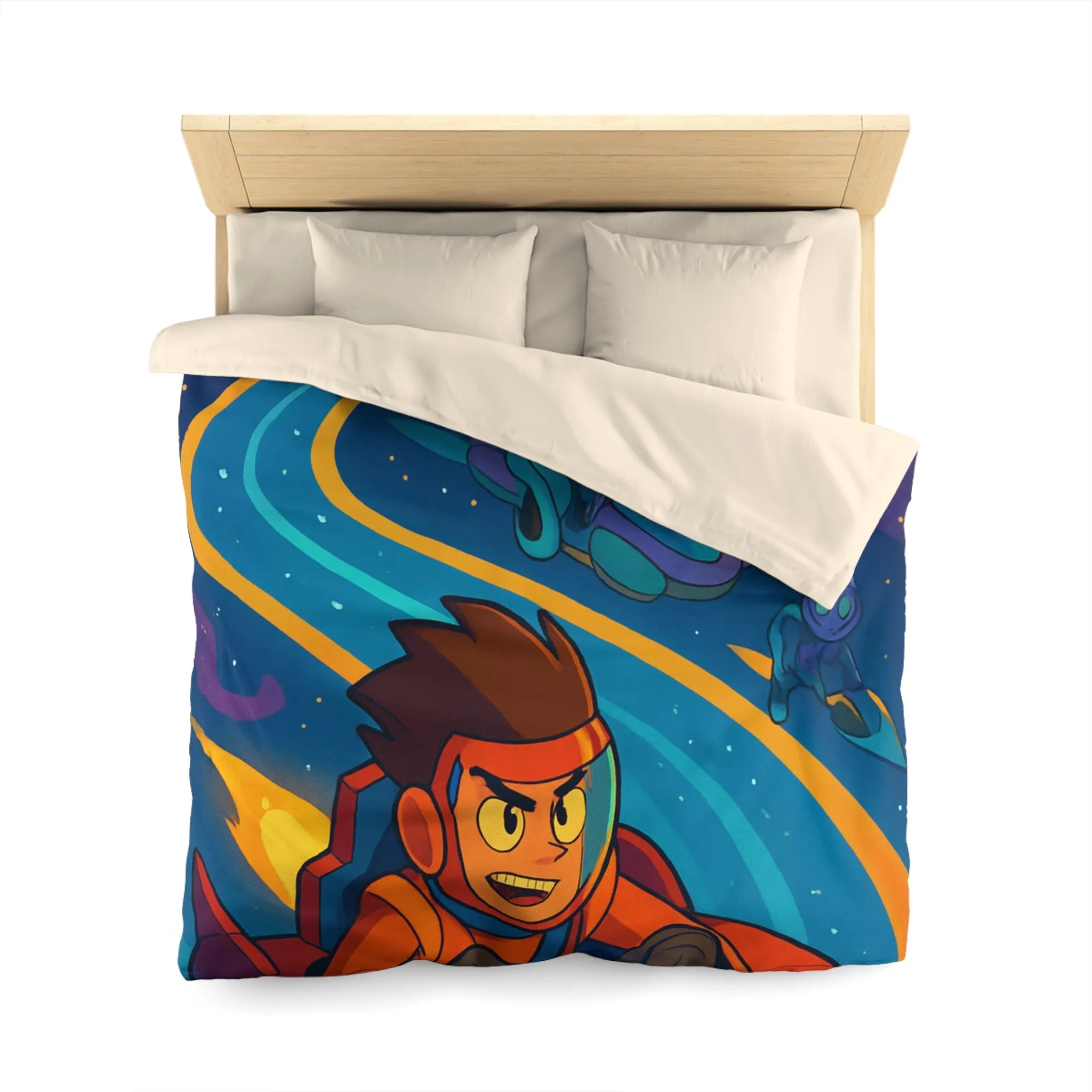 Housse de Couette Illustrée Espace avec Personnage et Vaisseaux pour Enfants Couleurs Vives