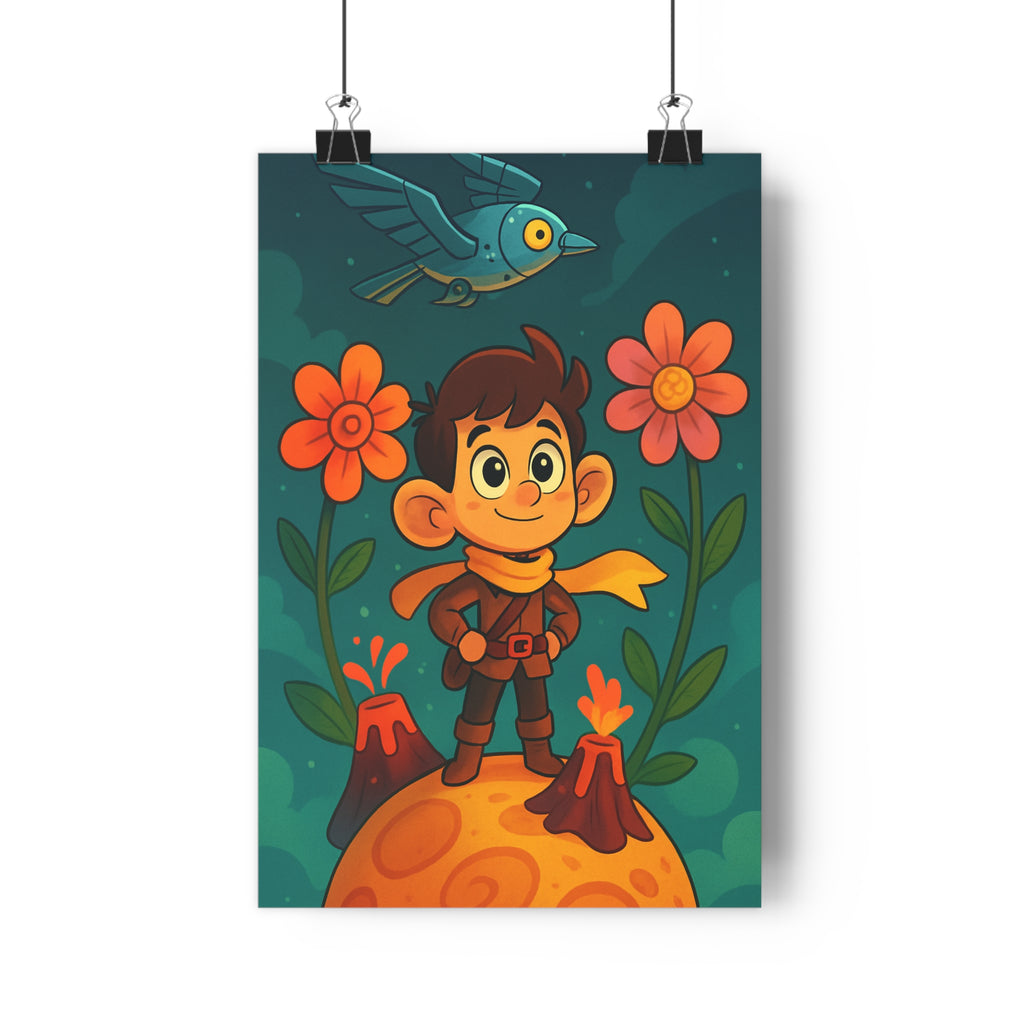 Poster décoratif cartoon futuriste garçon planète orange joyeux couleur vive chambre enfant fantaisie ciel