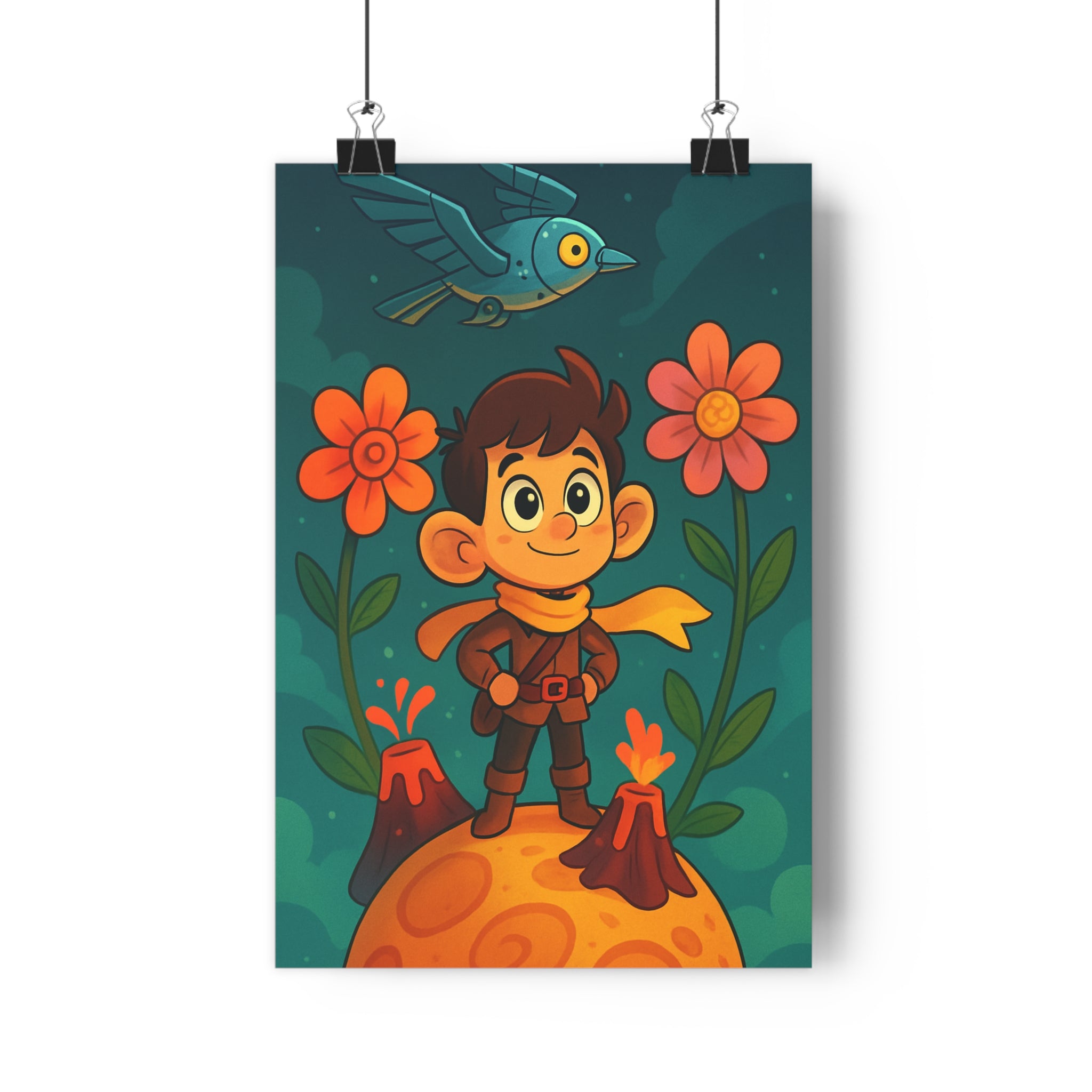 Poster décoratif cartoon futuriste garçon planète orange joyeux couleur vive chambre enfant fantaisie ciel