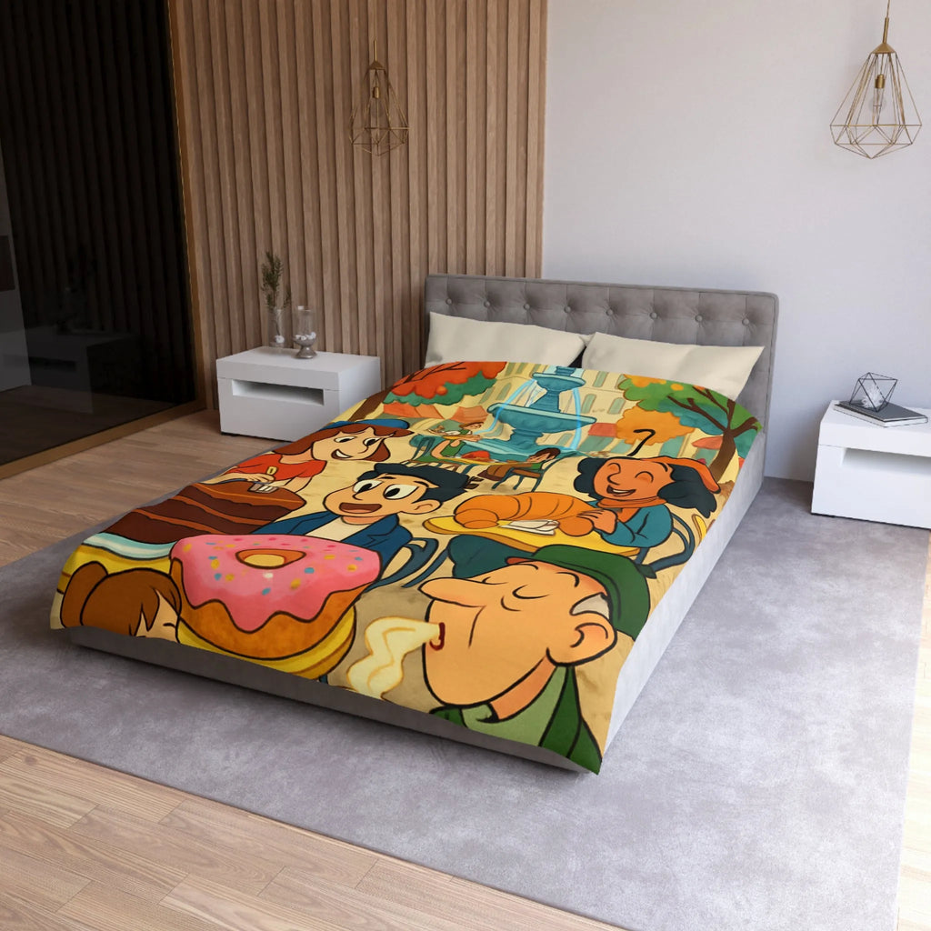 Housse de Couette Illustrée Café Parisien Déjeuner en Plein Air Ambiance Automnale Colorée