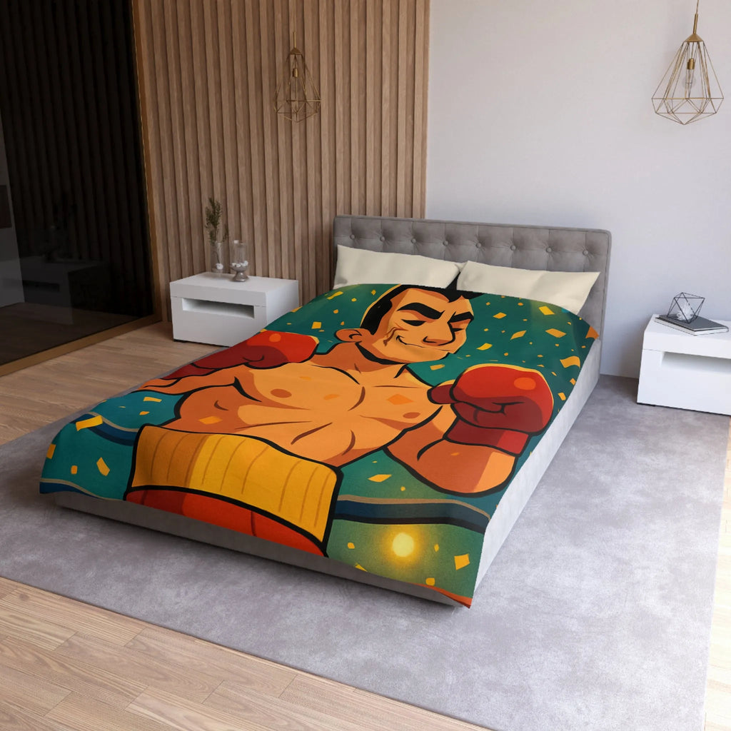 Housse de couette colorée avec boxeur en tenue rouge, ambiance festive dynamique