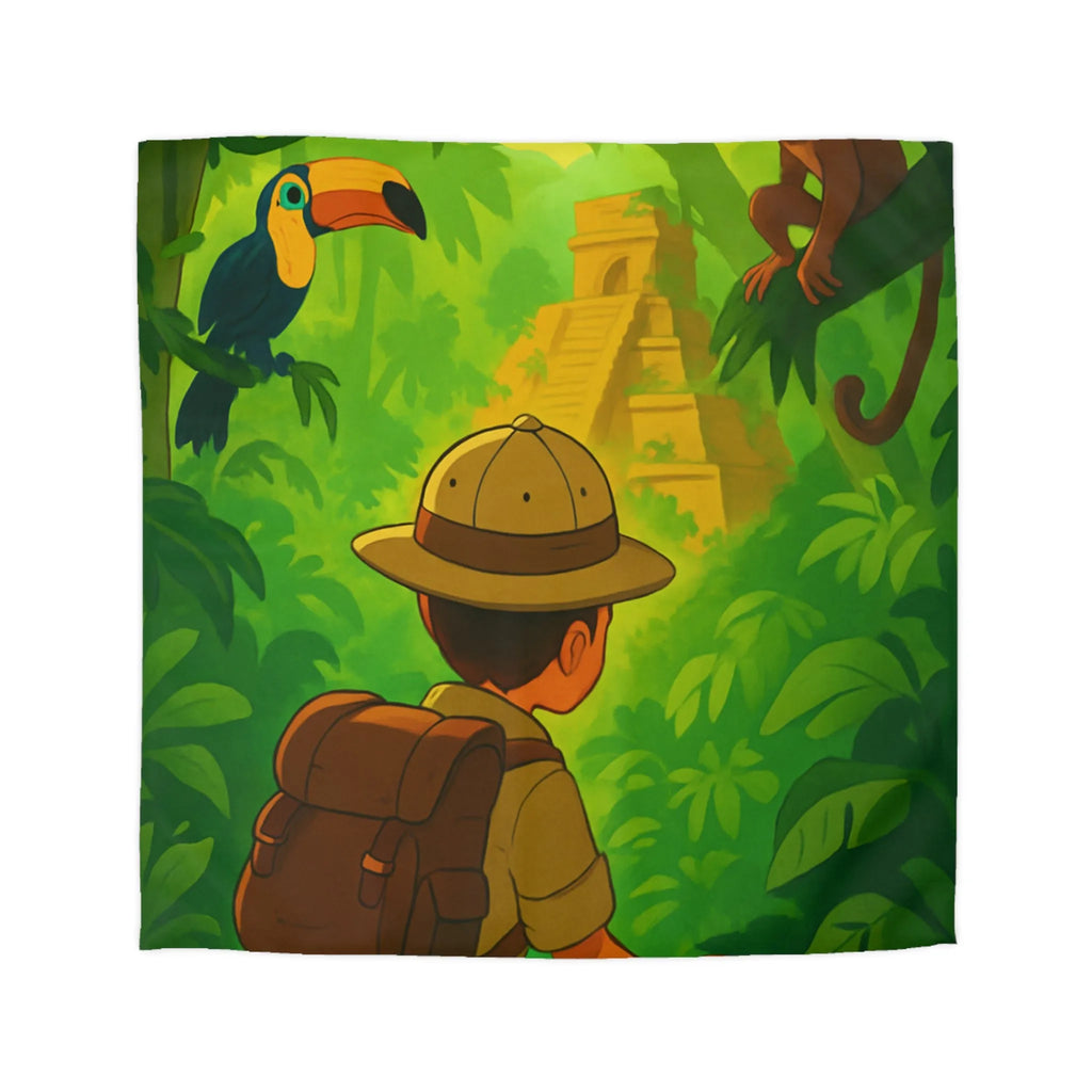 Housse de couette jungle avec aventurier, singe et toucan, ambiance explorateur