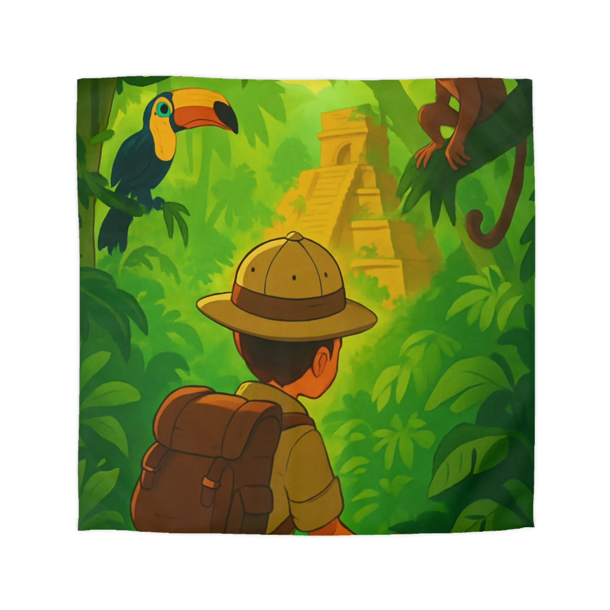 Housse de couette jungle avec aventurier, singe et toucan, ambiance explorateur