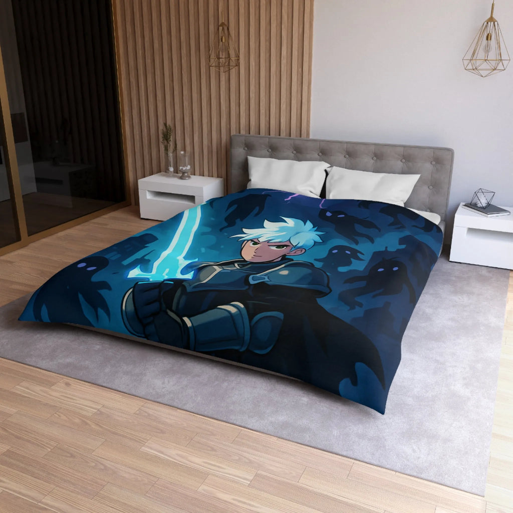 Housse de couette avec chevalier épique et créatures nocturnes sur fond de ville menaçante