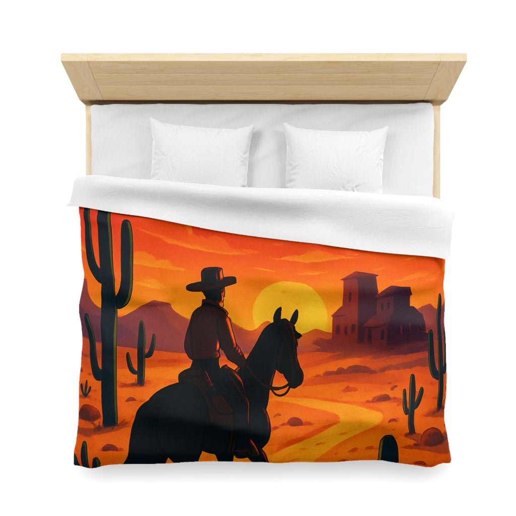 Housse de Couette Stylée Désert Crépusculaire avec Cowboy et Cactus Silhouettes