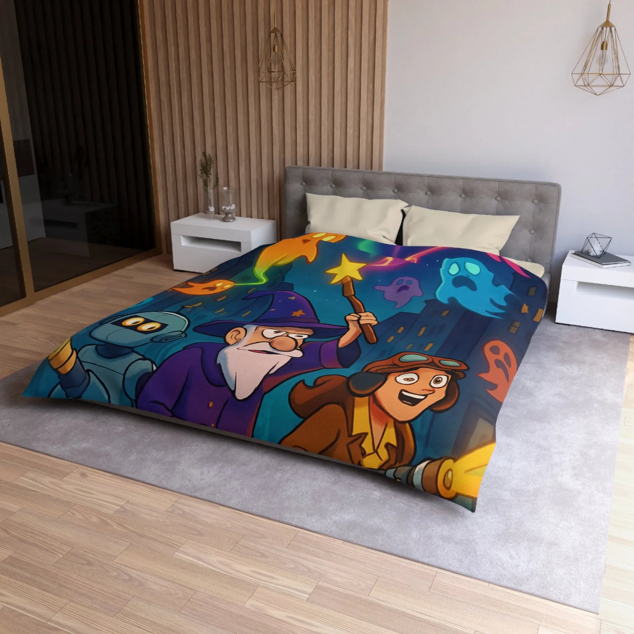 Housse de couette magique avec fantômes colorés, sorcier et robot aventureux en ville nocturne