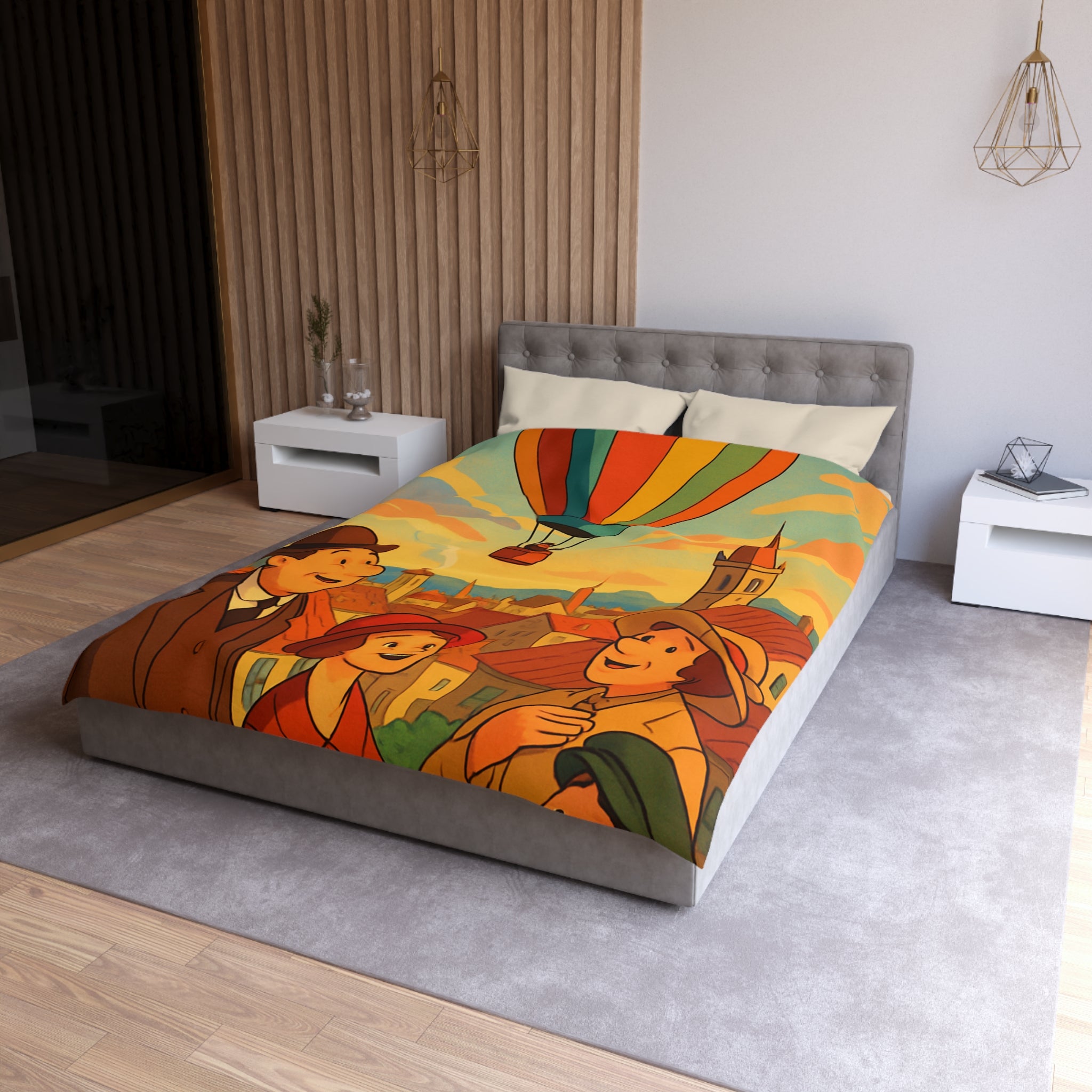 Housse de couette vintage avec montgolfière colorée et paysage urbain animé