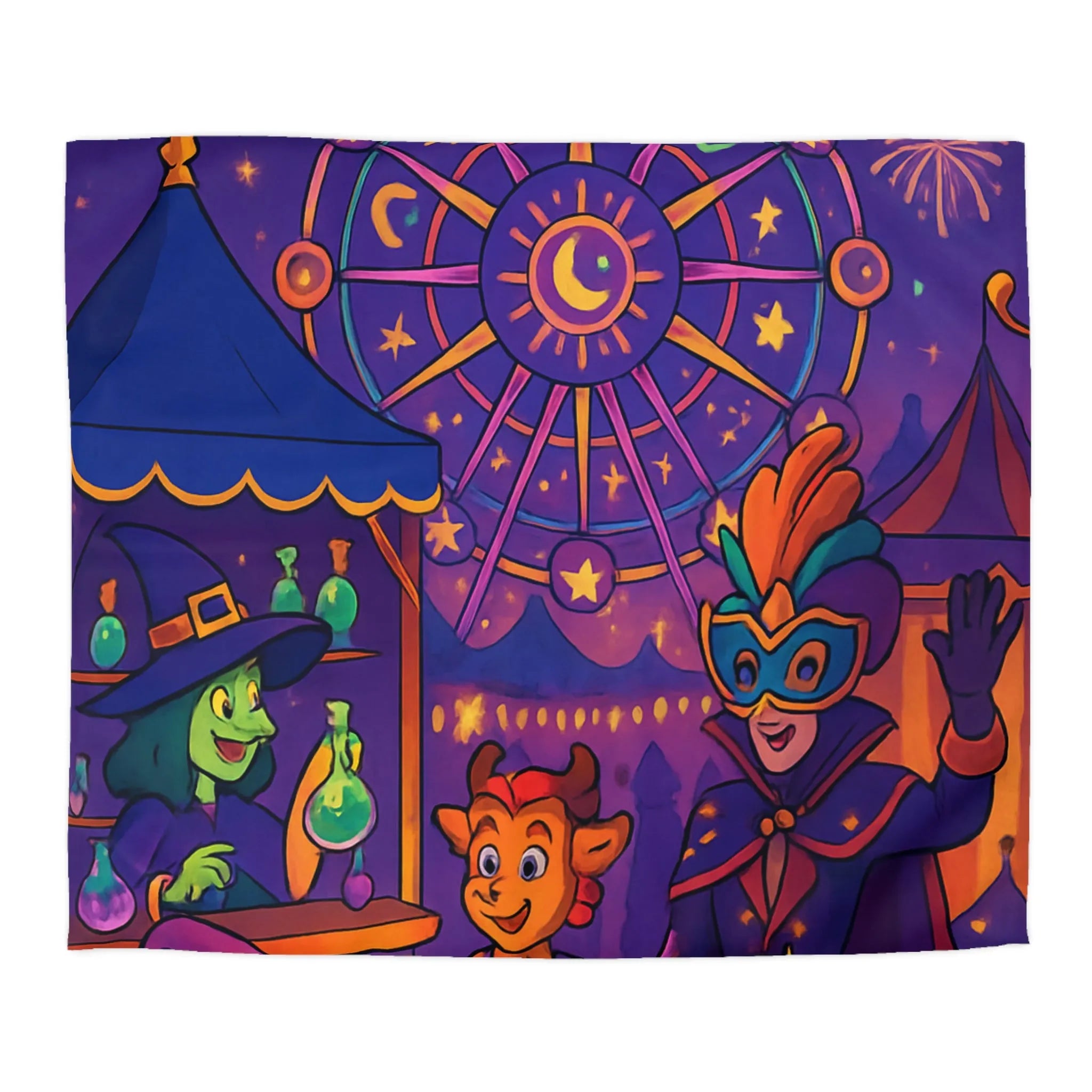 Housse de couette féerique magique avec feux d'artifice, masque et licorne bleue