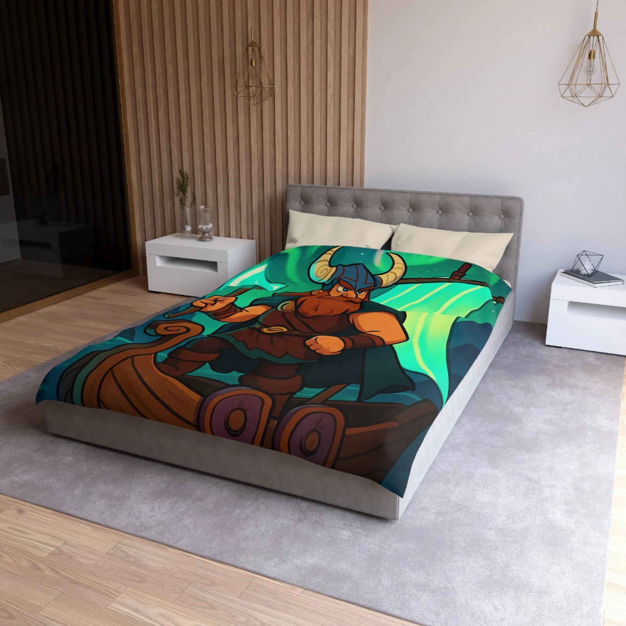 Housse de couette épique viking avec aurore boréale et bateau en pleine mer