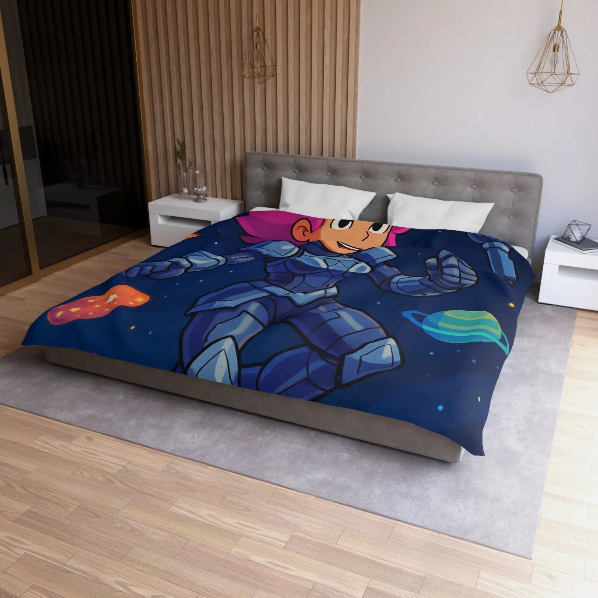 Housse de couette astronaute colorée avec planètes et étoiles thème aventure spatiale