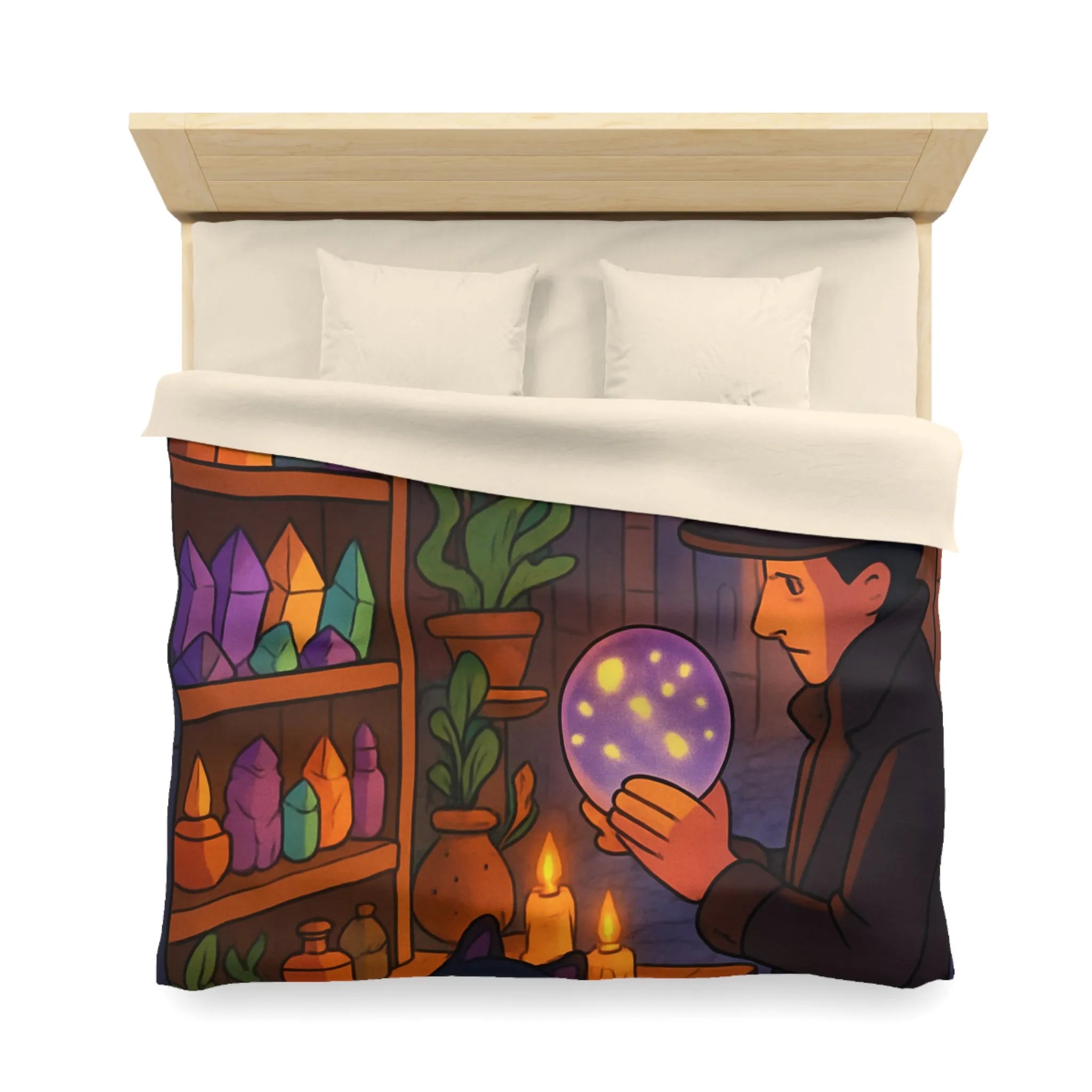 Housse de couette élégante avec scène mystique de ruelle et chat noir