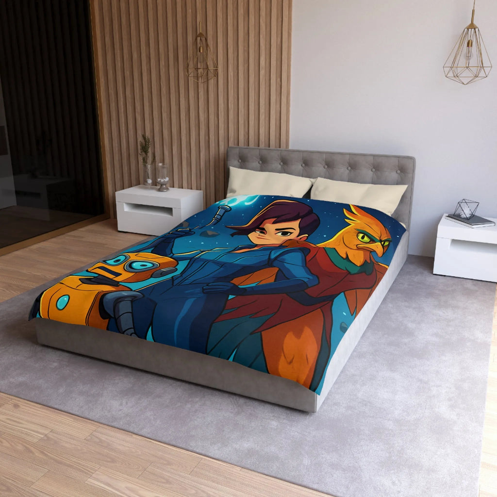 Housse de couette colorée avec exploratrice, robot et oiseau dans l'espace étoilé