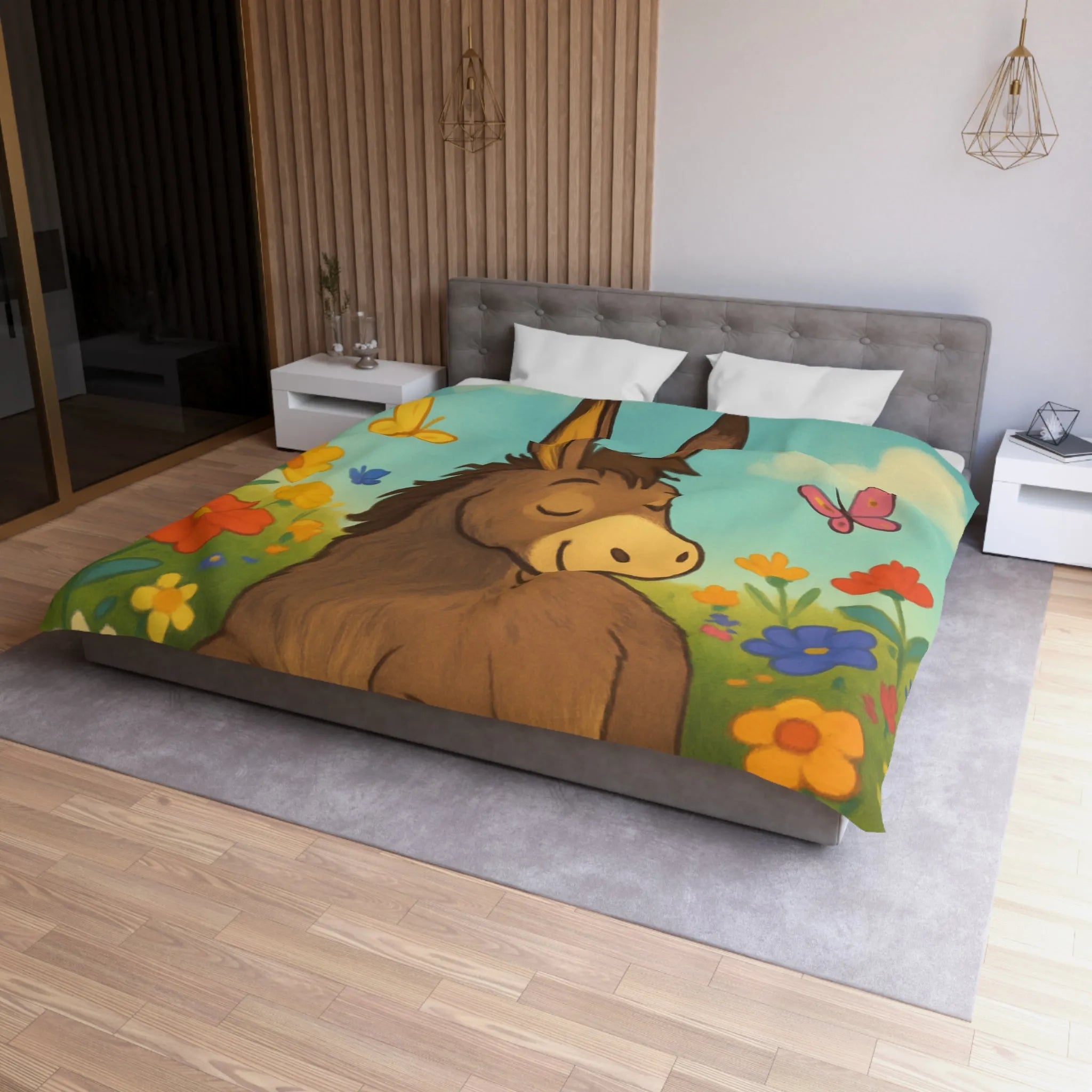 Housse de couette enfant Âne endormi, fleurs colorées et papillons dans un pré