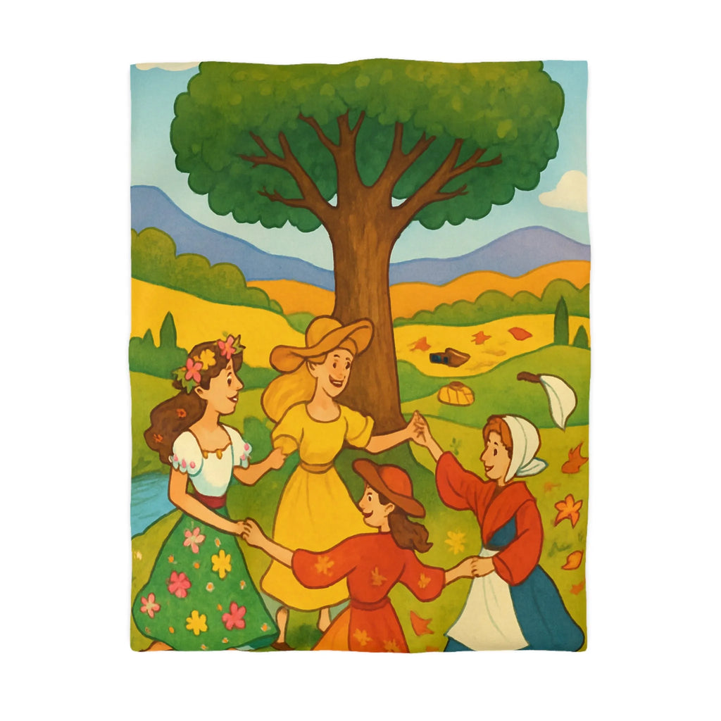 Housse de couette champêtre aux motifs de danseuses rondes et paysage bucolique coloré