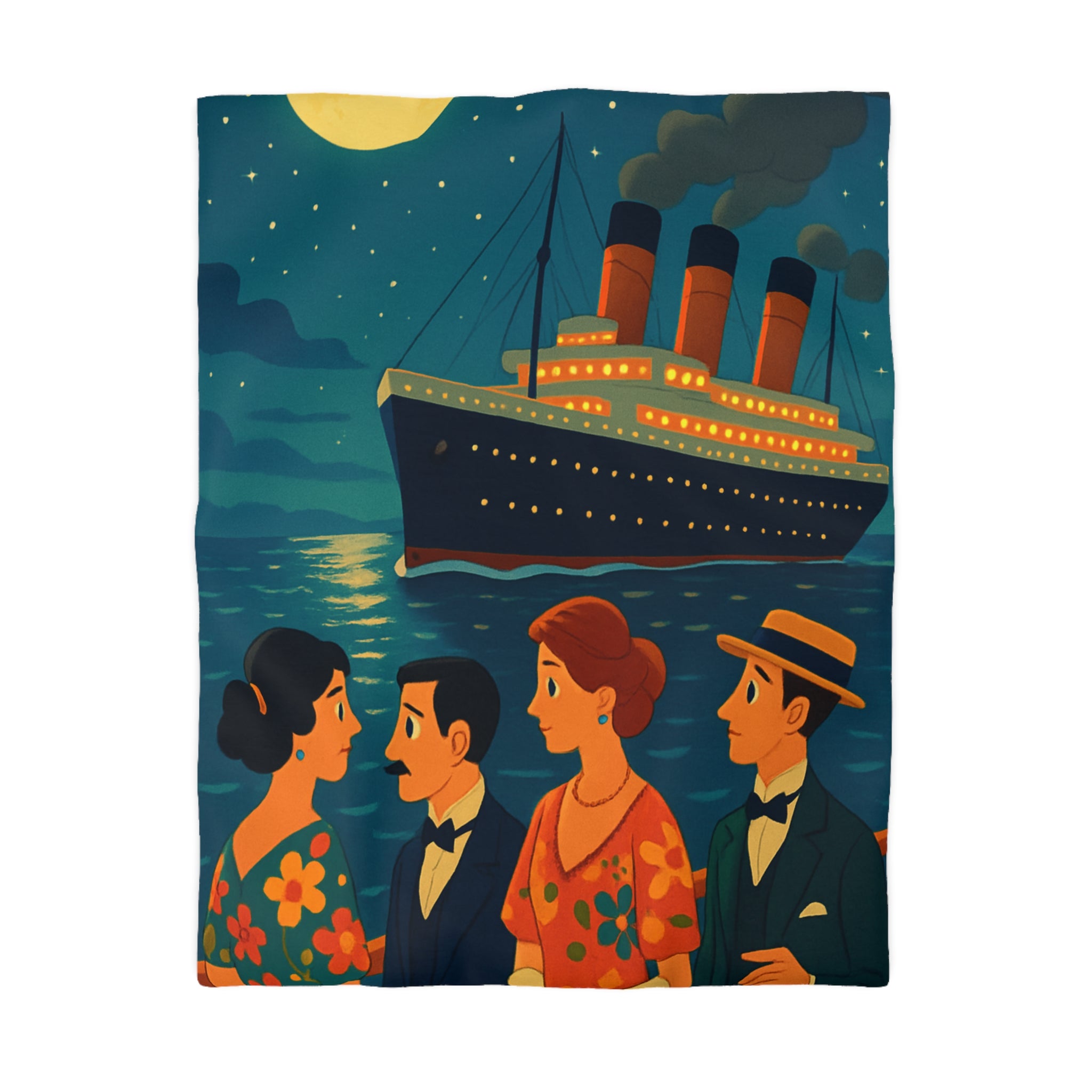 Housse de couette vintage croisière sous la lune, couples élégants et bateau luxueux