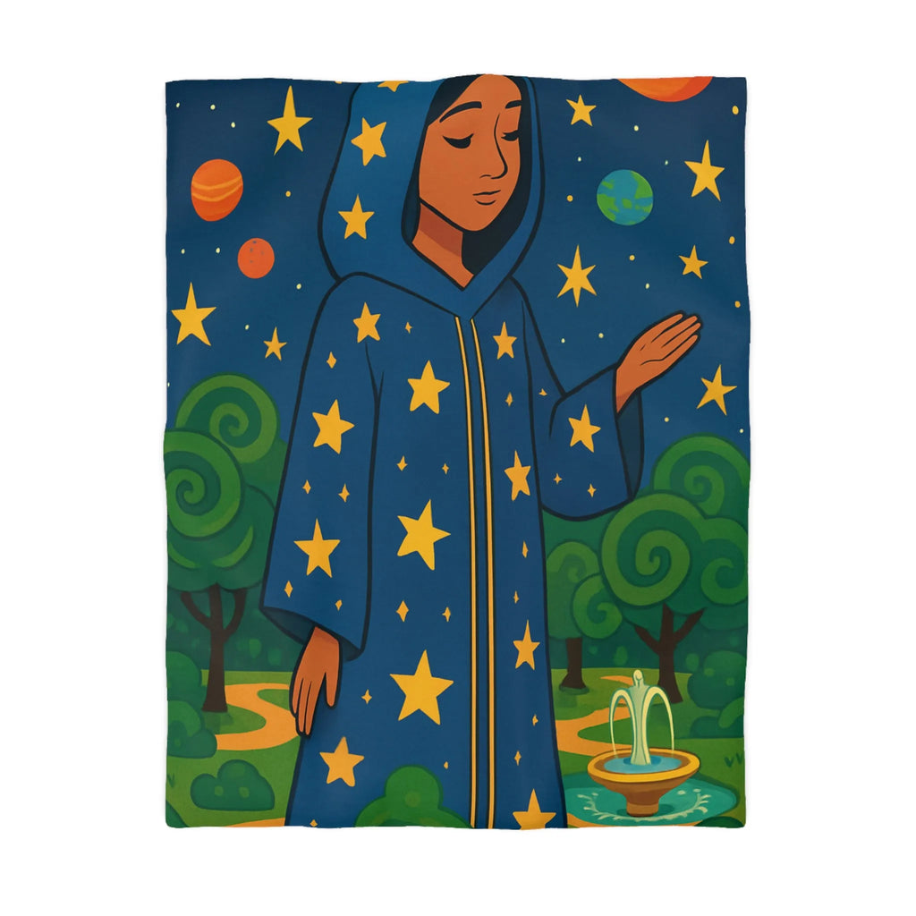 Housse de couette étoilée avec personnage mystique sous ciel galactique et nature luxuriante