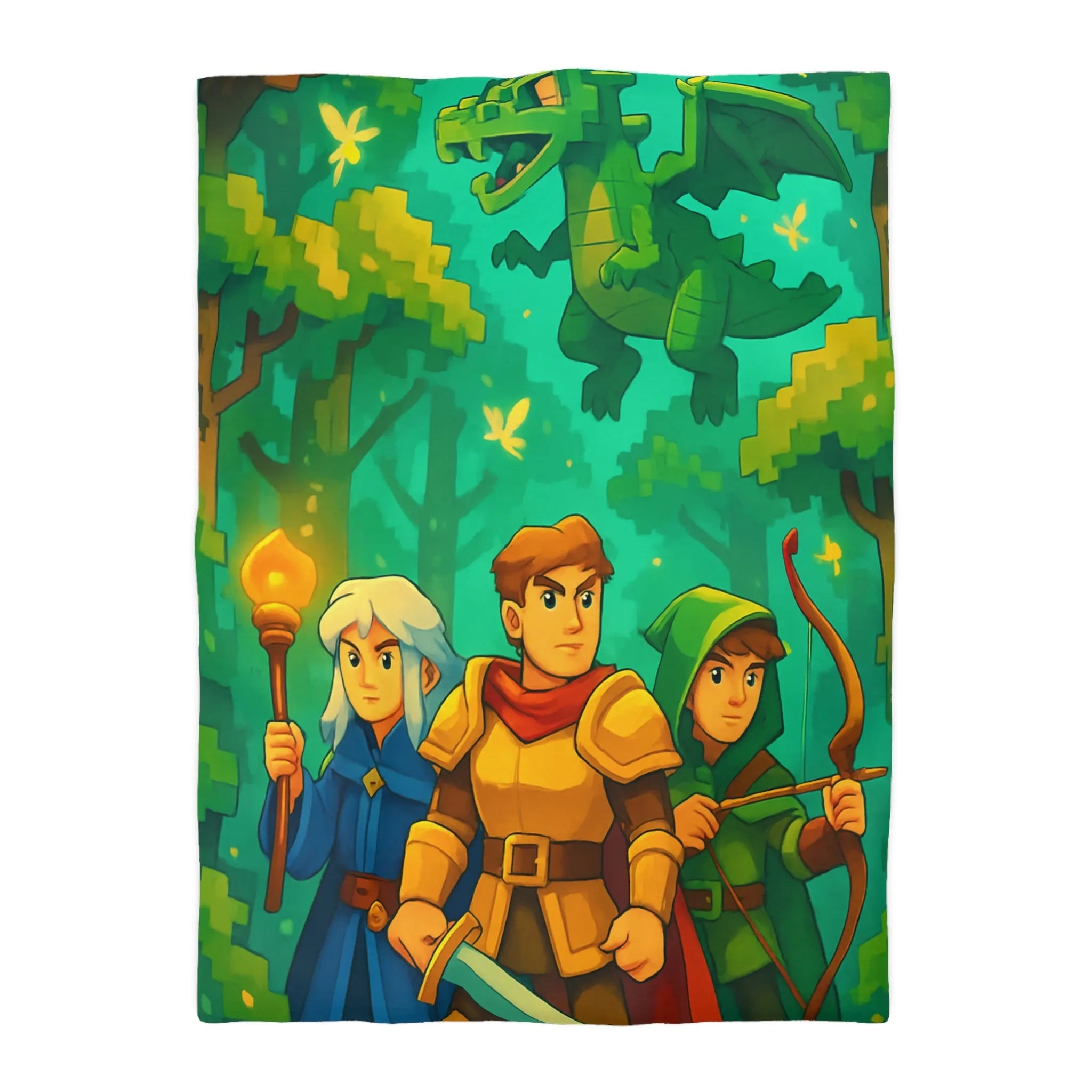 Housse de couette aventure forêt enchantée avec dragon, chevalier, mage et archer