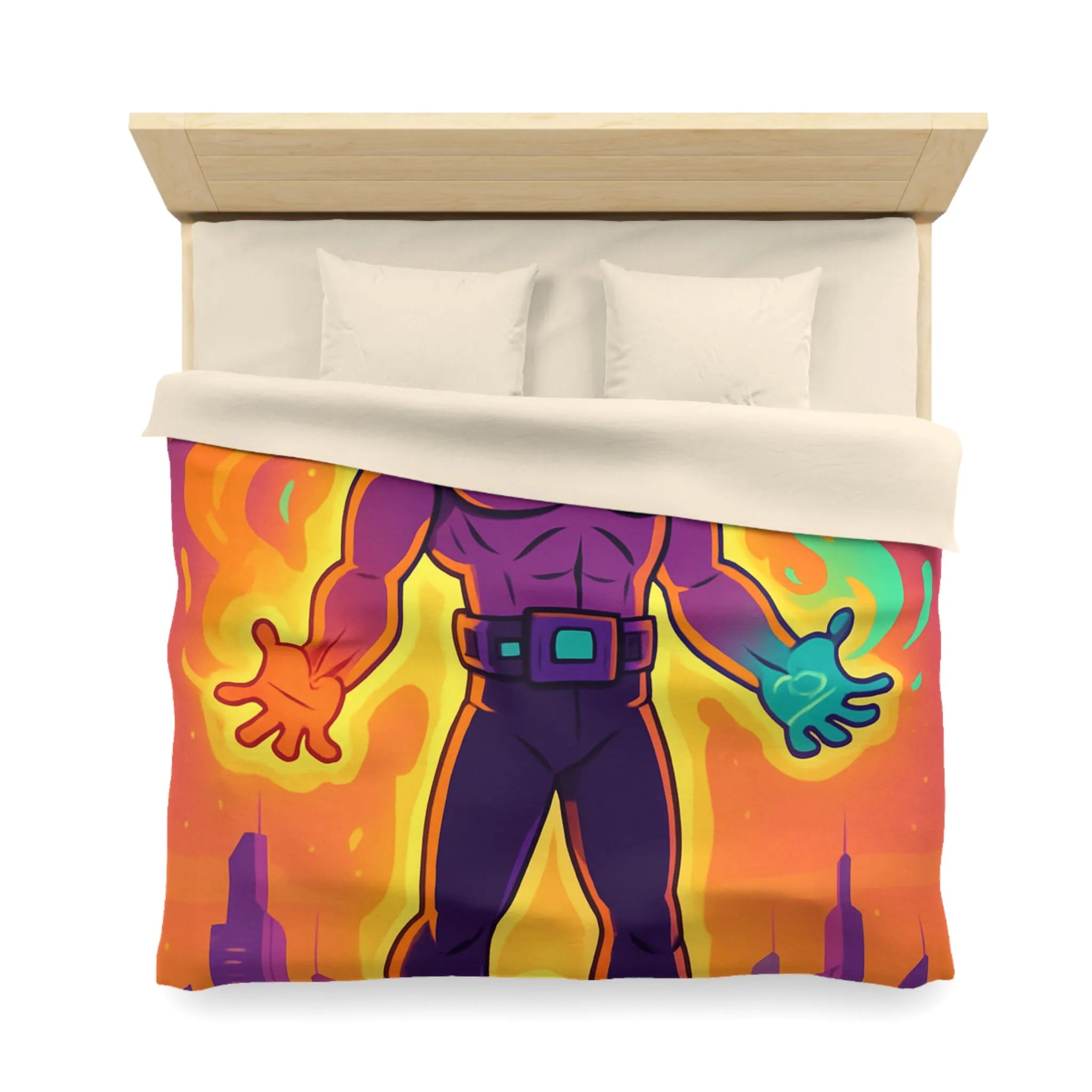 Housse de couette avec héros des éléments enflammés et lumineux sur fond de ville