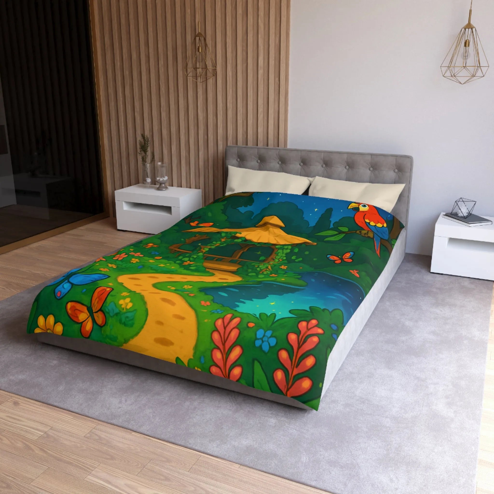 Housse de Couette Illustrée, Forêt Tropicale Nocturne avec Oiseaux et Papillons Colorés