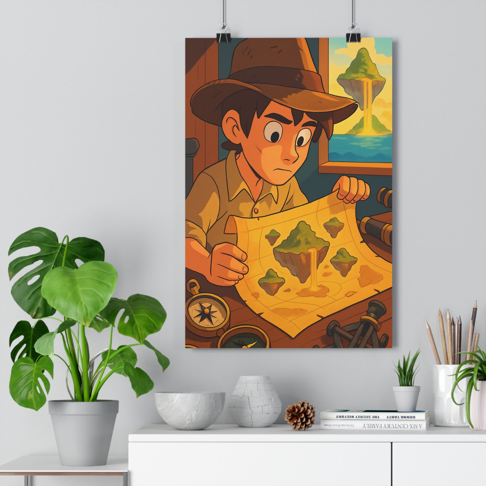 Poster décoratif aventure mystique explorateur cascade dorée navigation chambre salon enfant bois qualité qualité