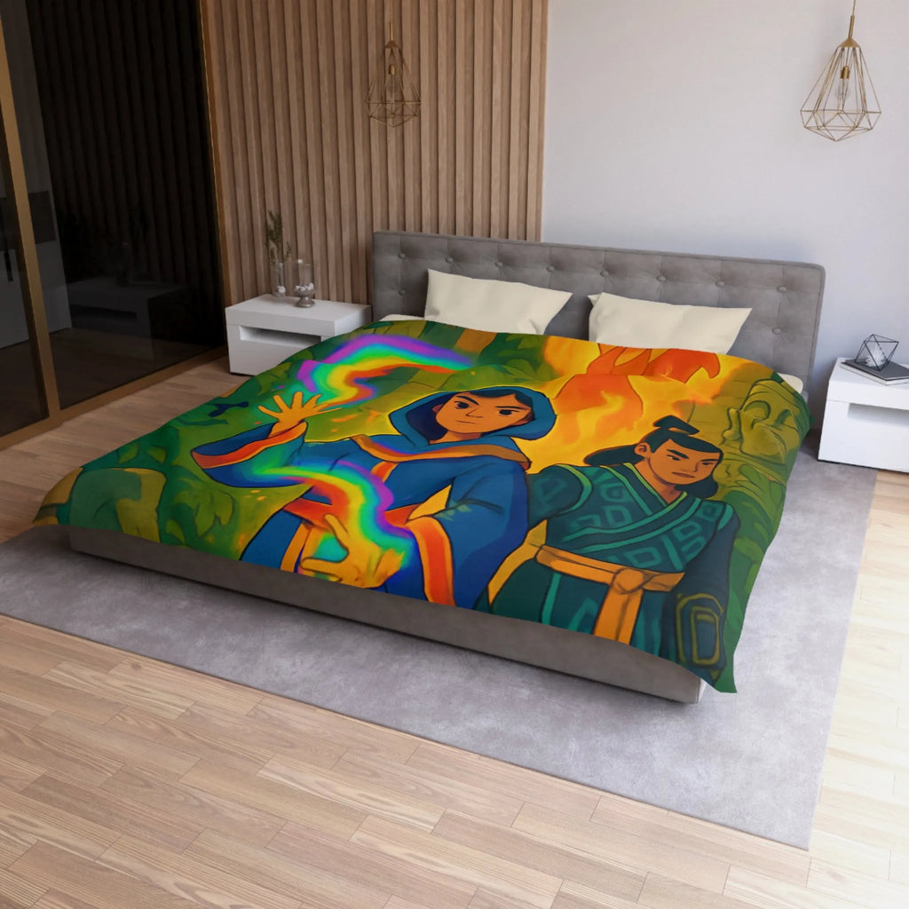 Housse de couette magique colorée : aventure mystique avec personnages énigmatiques et feu flamboyant