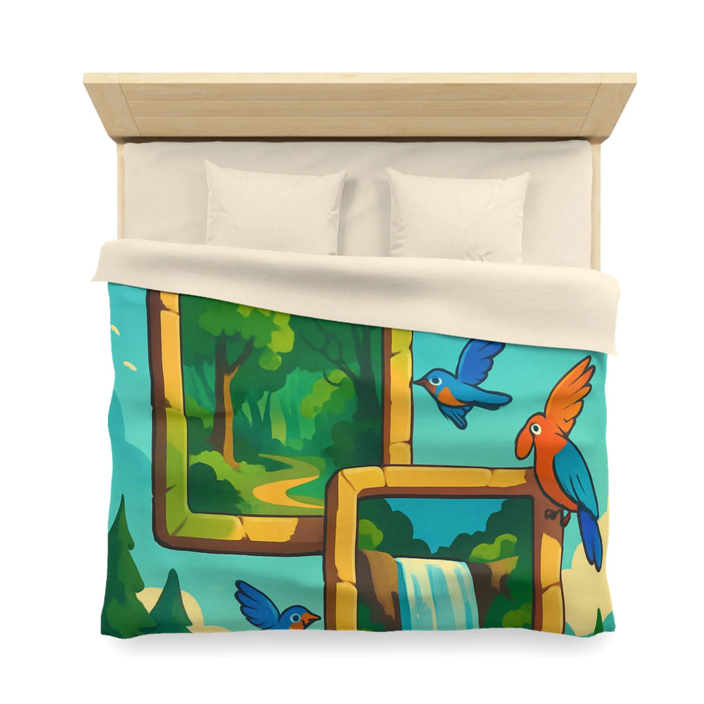 Housse de couette colorée avec oiseaux et scènes de nature paisible et dynamique