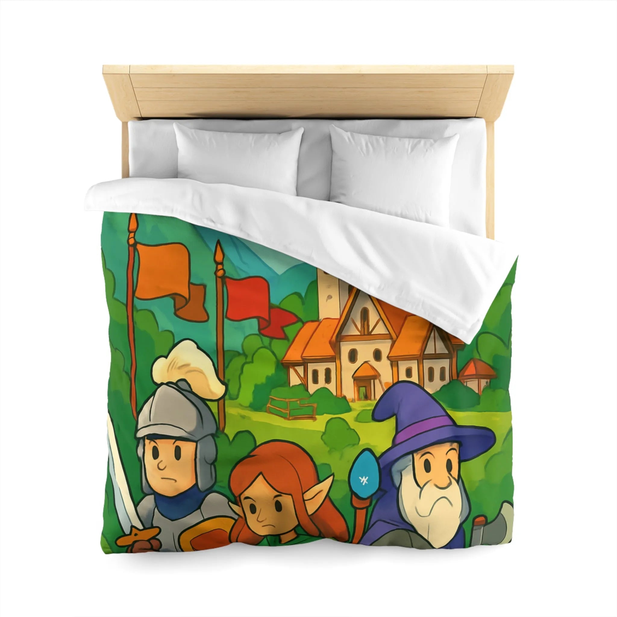 Housse de couette aventure médiévale avec dragons, chevalier, elfe, sorcier et troll