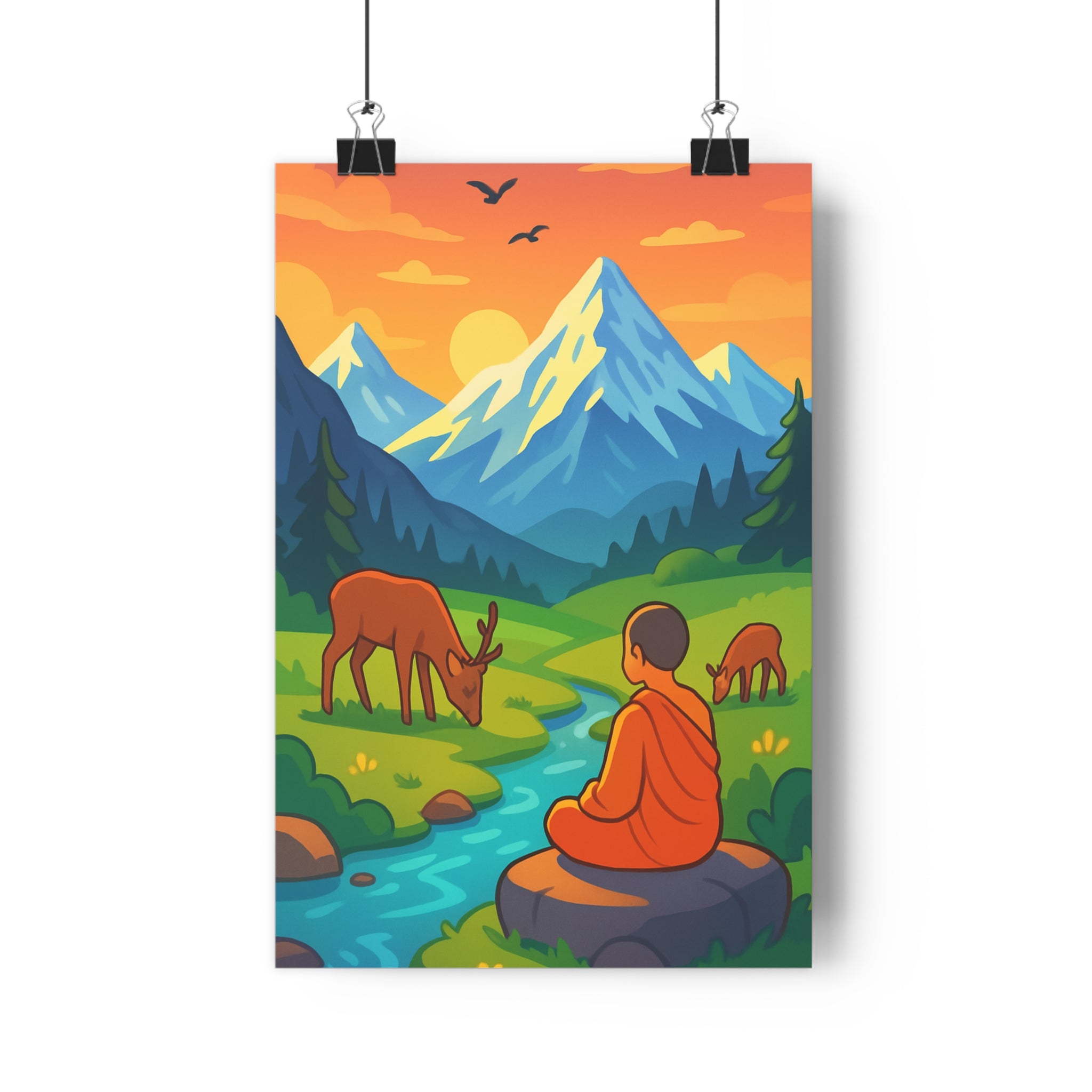 Poster décoratif anime paysage montagne sérénité méditation nature coloré salon chambre ambiance calme qualité