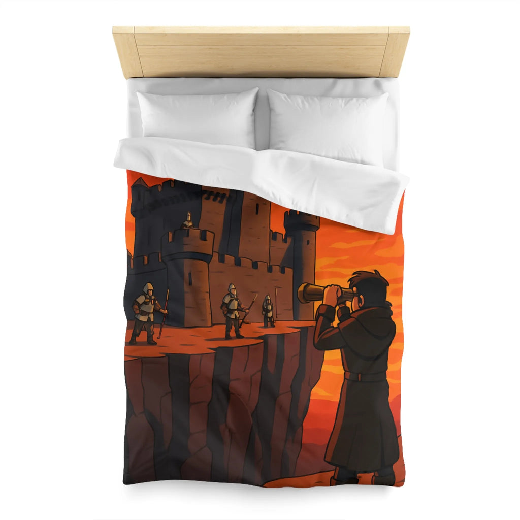 Housse de couette médiévale avec forteresse et observateur sous coucher de soleil épique