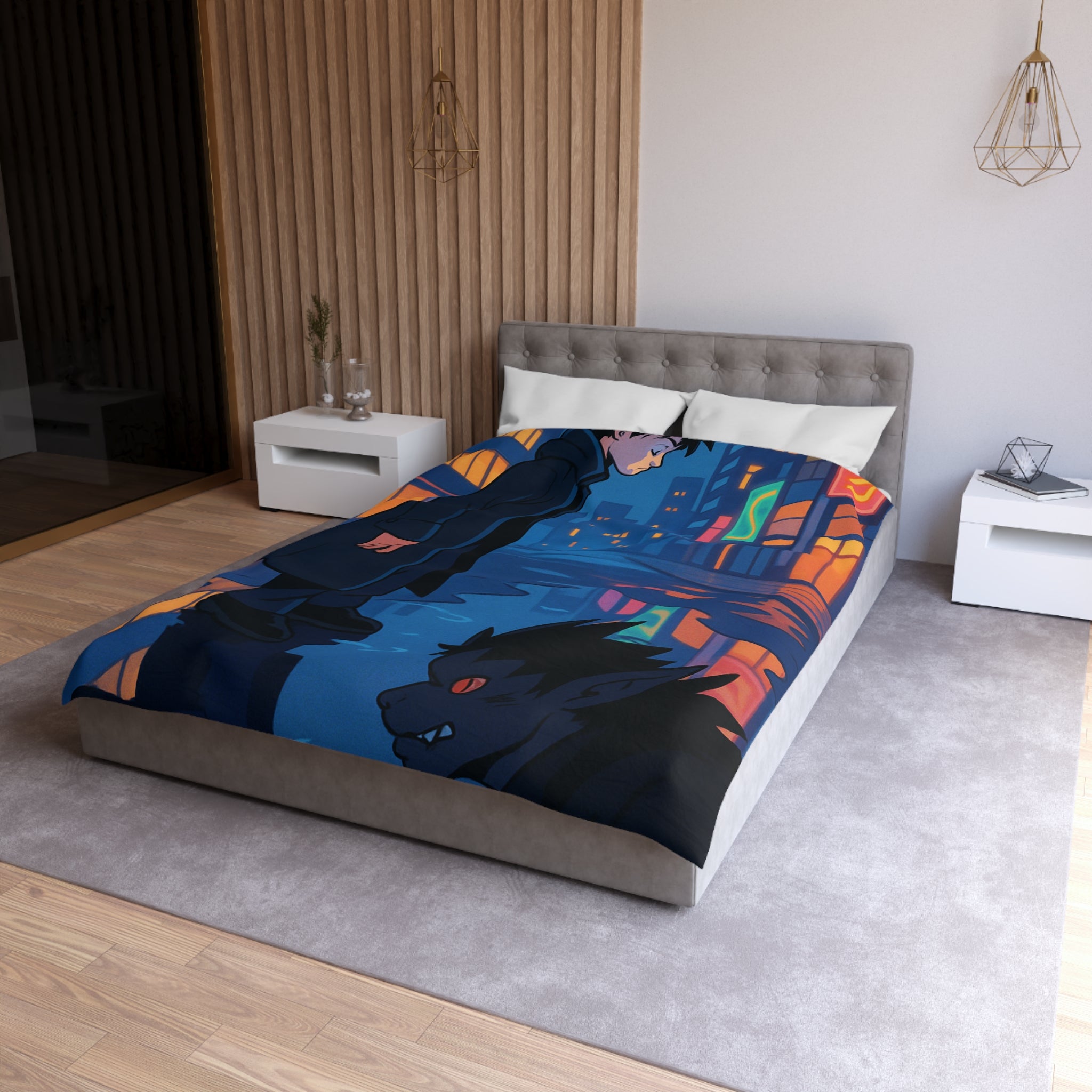 Housse de couette urbaine avec reflet mystérieux dans une rue animée la nuit