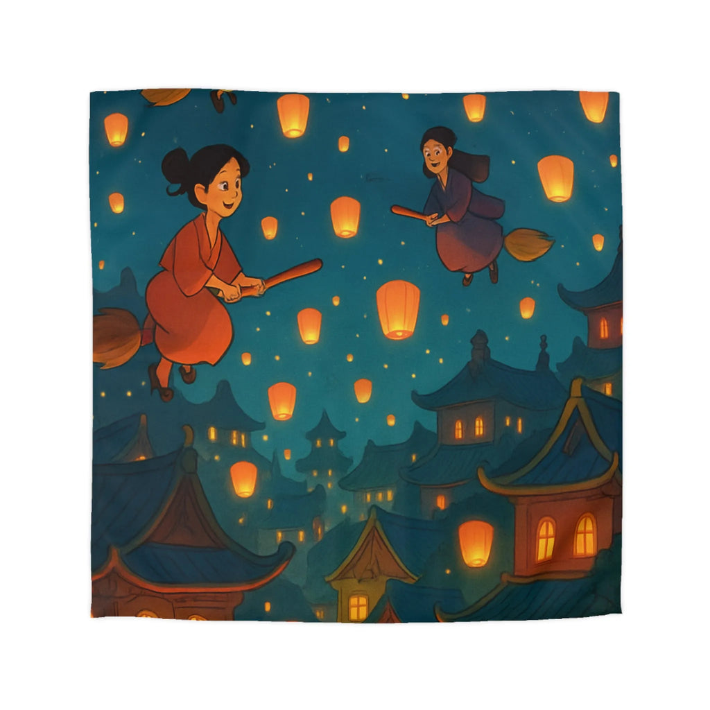 Housse de Couette Magique avec Sorcières Volantes et Lanternes dans le Ciel Nocturne