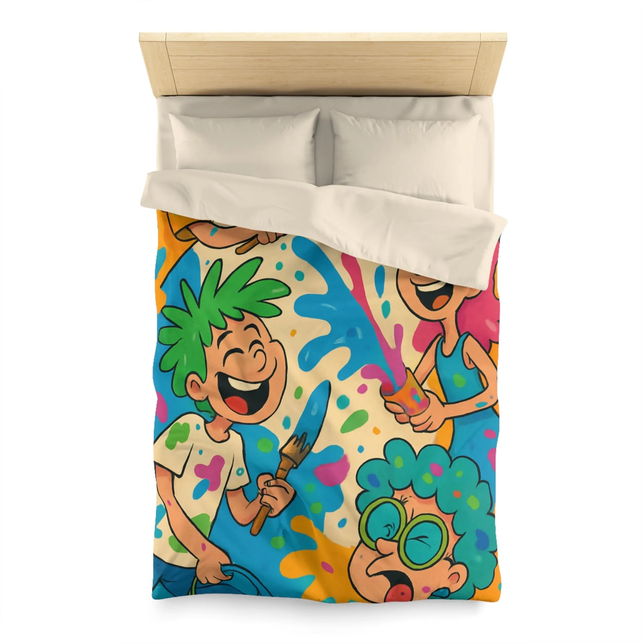 Housse de couette colorée pour enfants avec personnages joyeux et éclaboussures de peinture