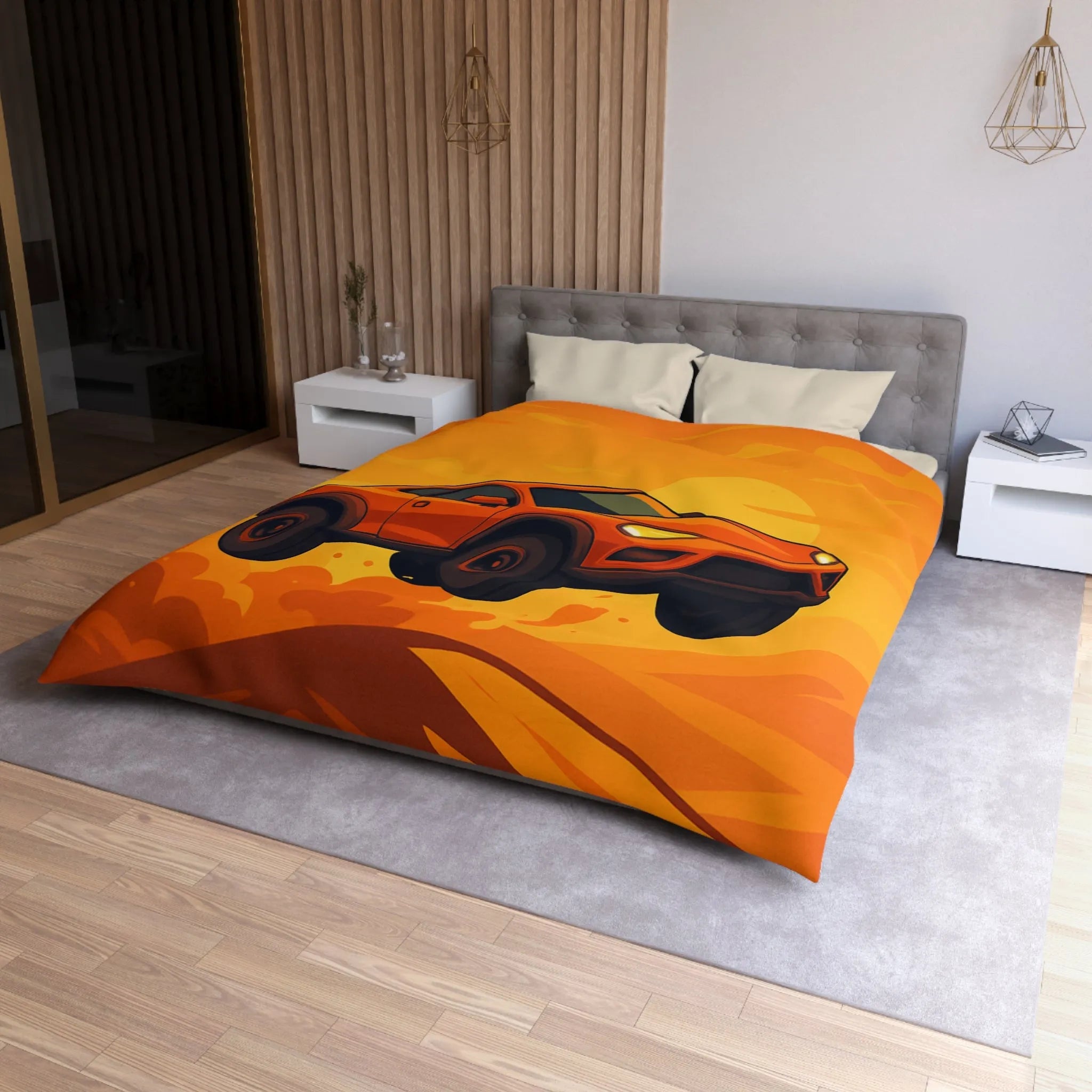 Housse de couette design voiture saut désert couleur orange coucher de soleil