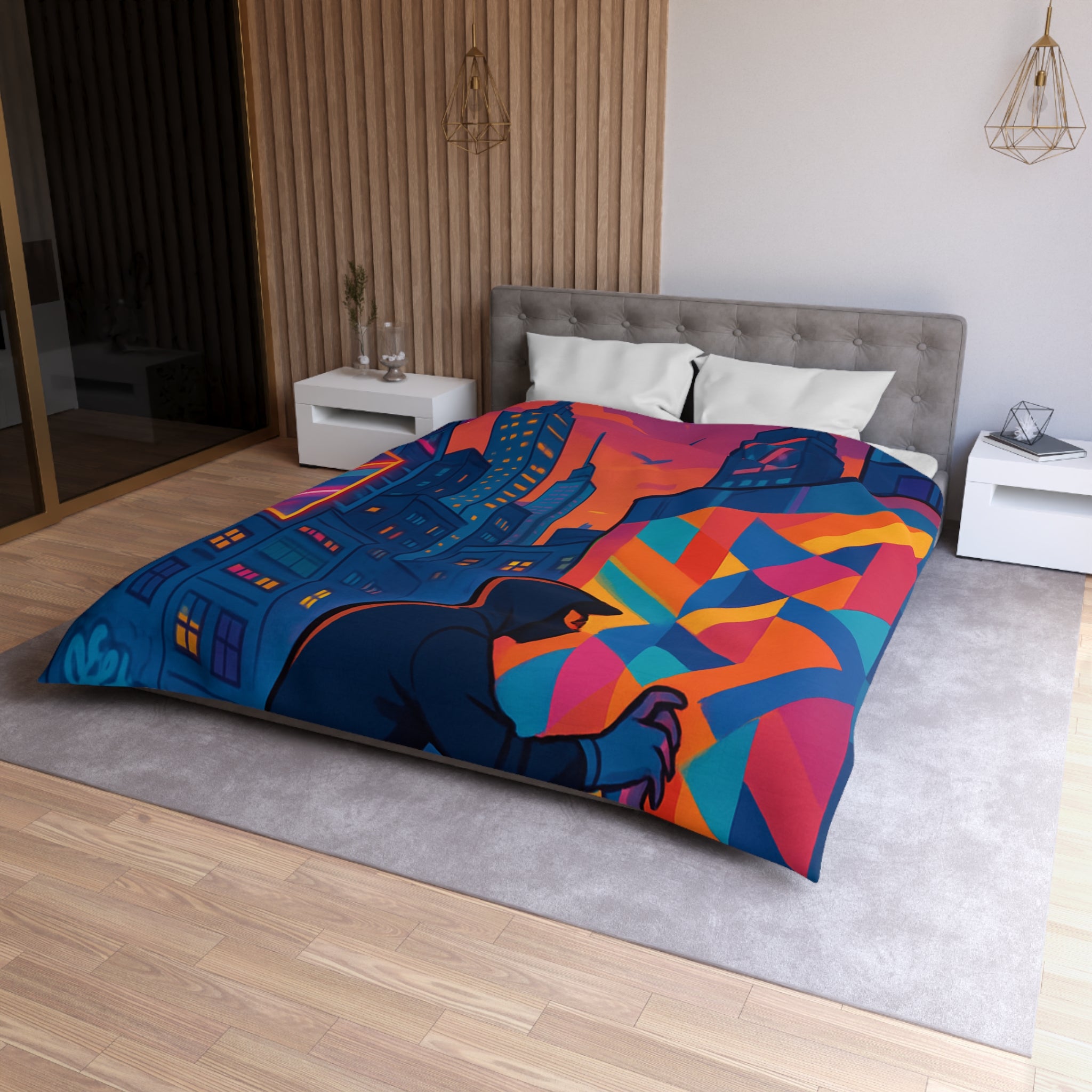 Housse de couette urbaine multicolore graffiti avec gratte-ciel et ciel crépusculaire