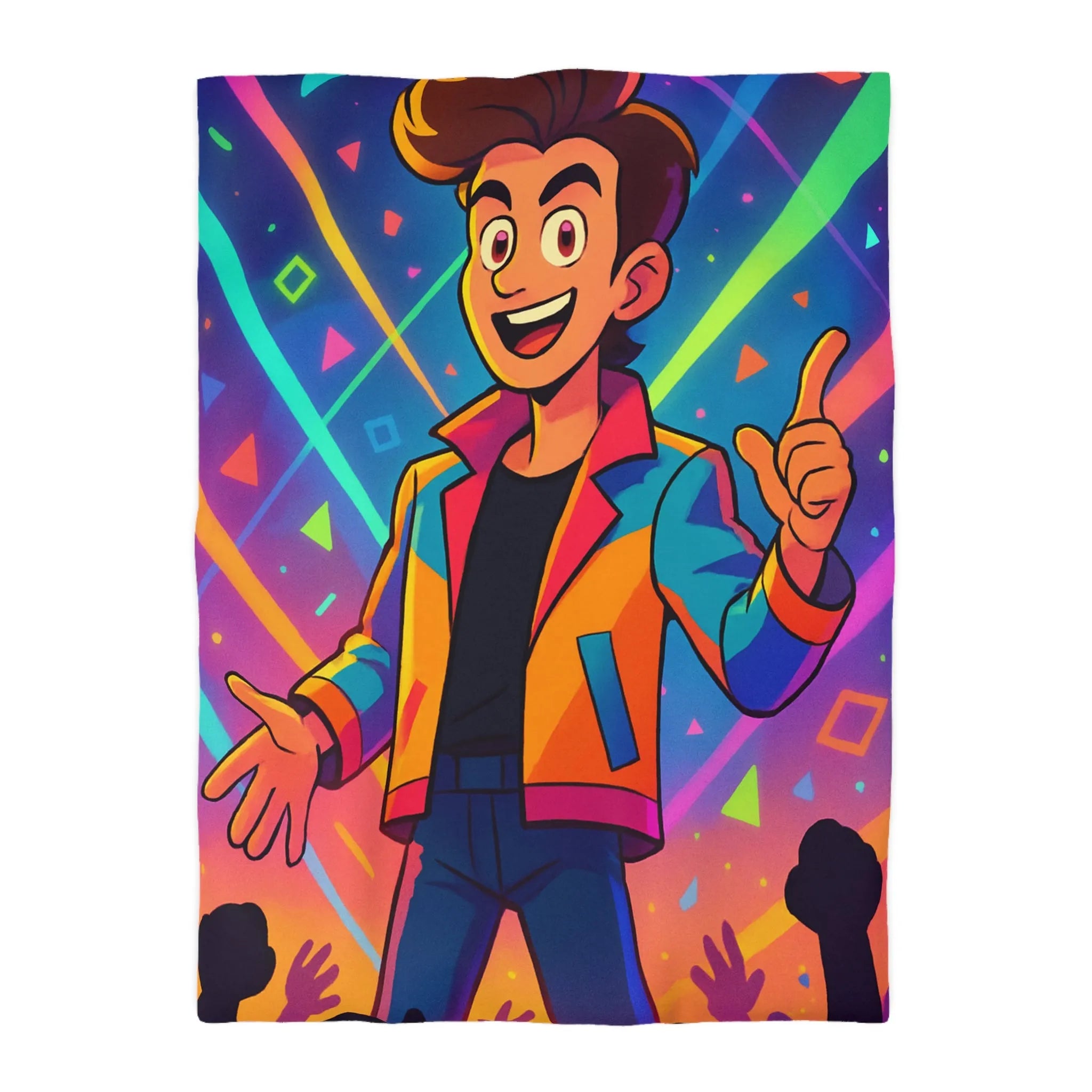 Housse de couette colorée avec personnage animé, haute énergie, motifs géométriques vibrants