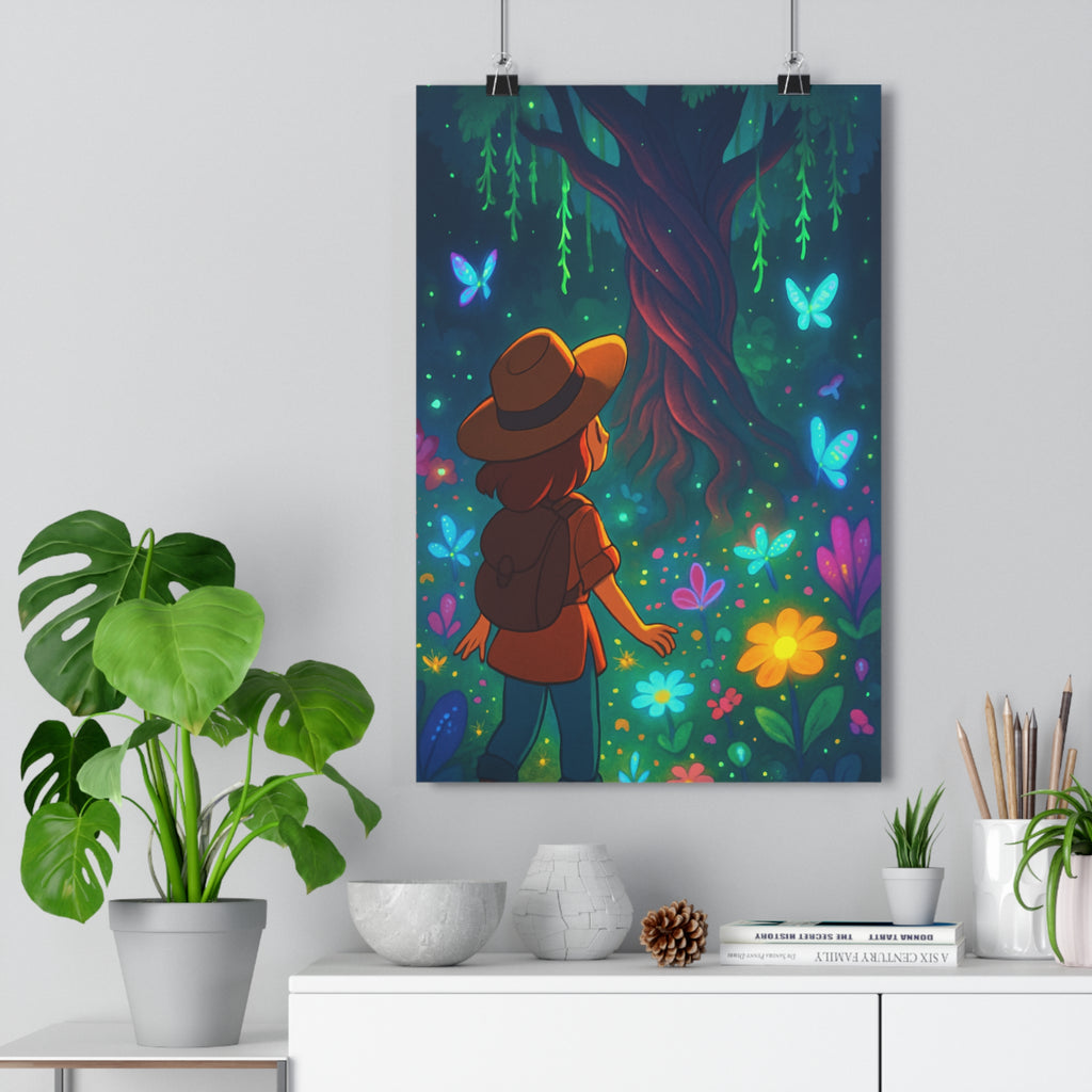 Poster décoratif féerique dessin animé bleu vert jaune chambre enfant aventure mystique nature magique