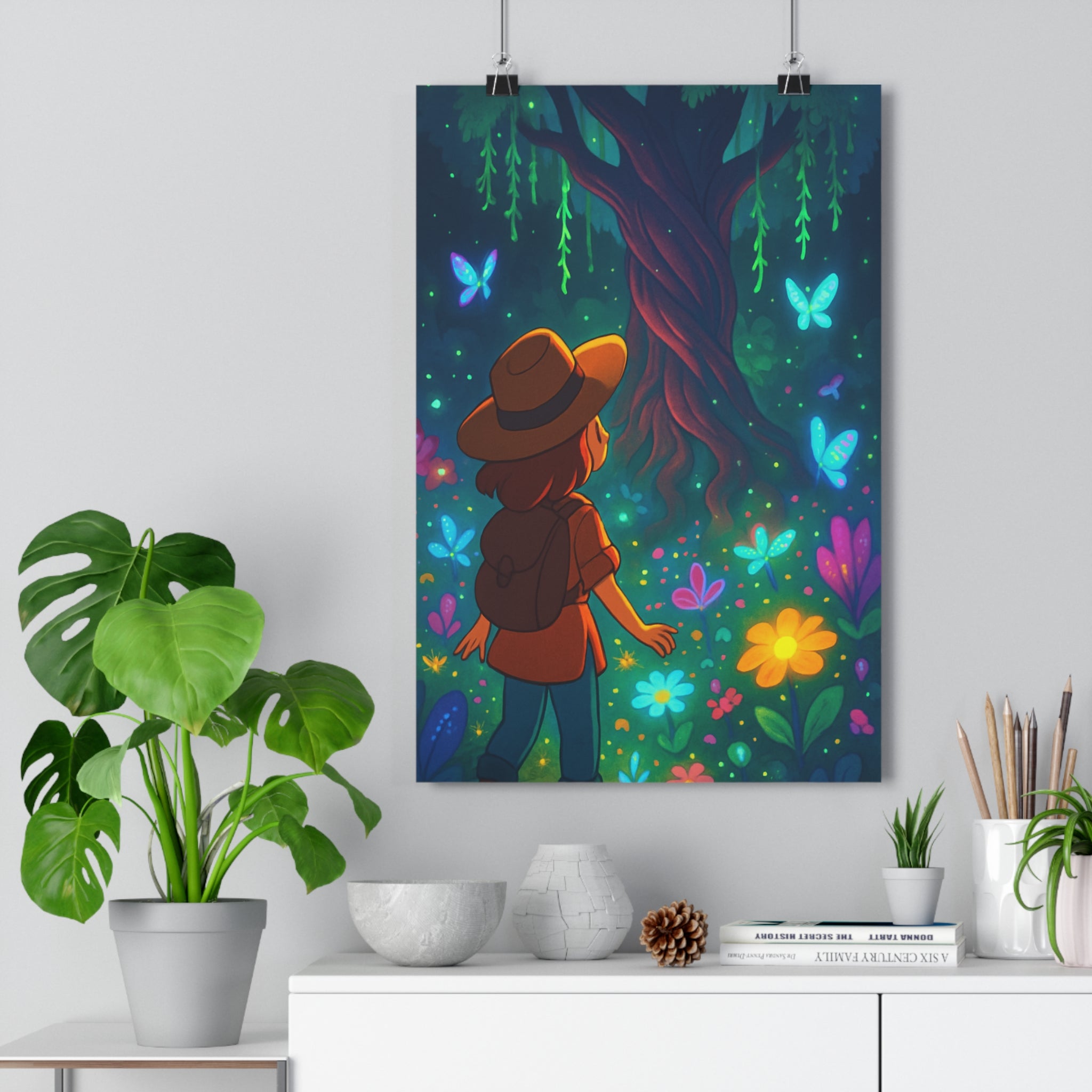 Poster décoratif féerique dessin animé bleu vert jaune chambre enfant aventure mystique nature magique