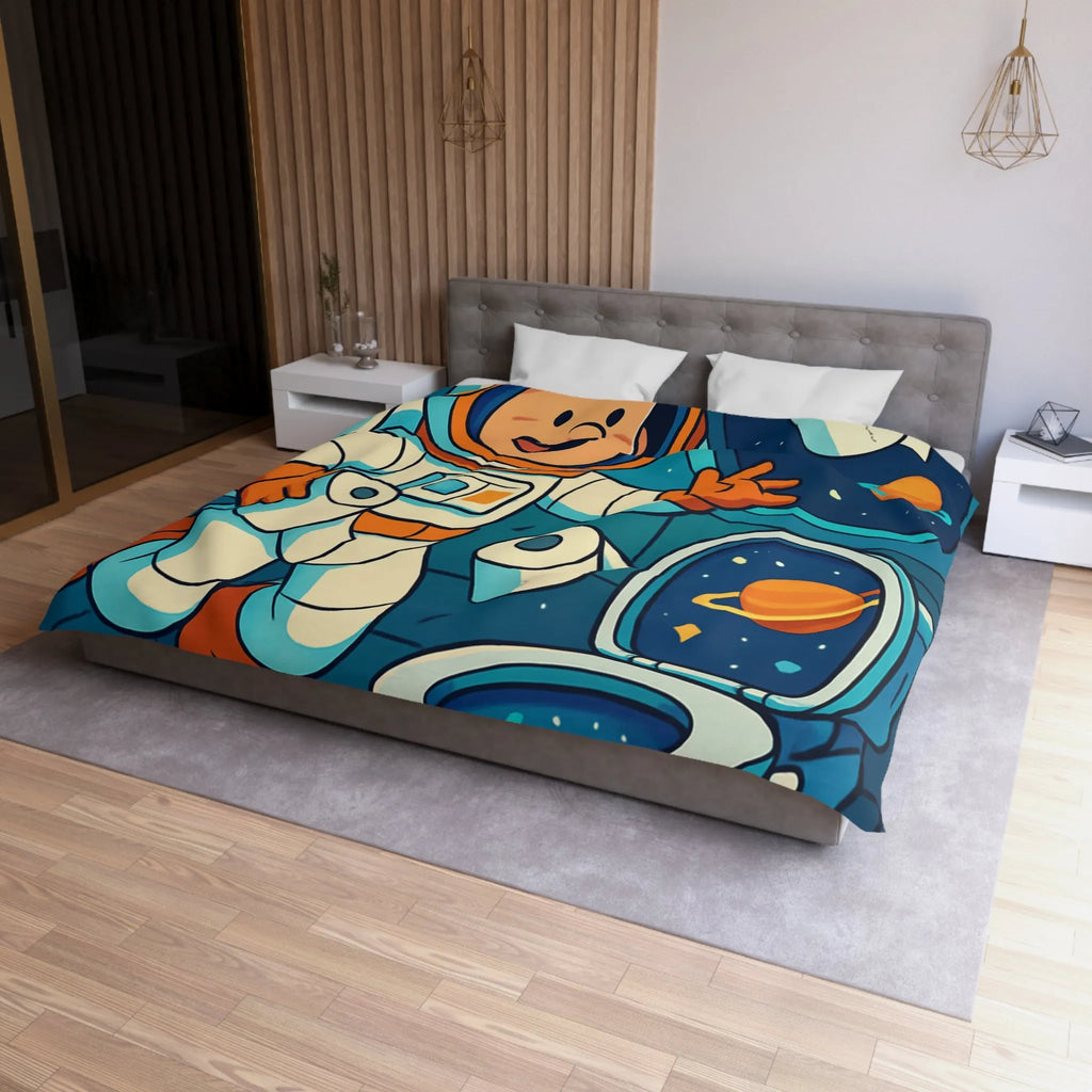 Housse de couette avec astronaute joyeux en cabine spatiale avec rouleaux flottants