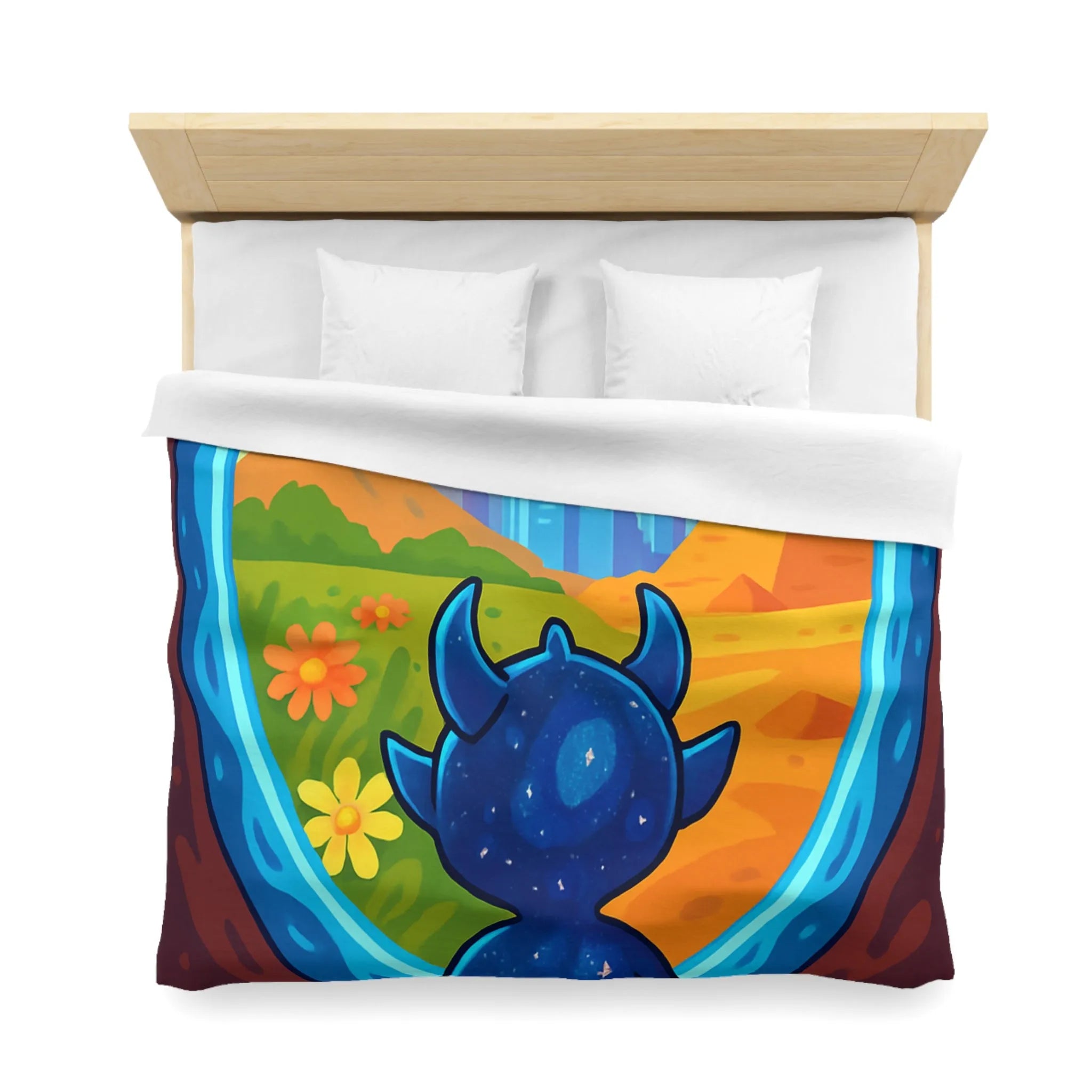 Housse de couette colorée avec créature cosmique et paysage futuriste magique