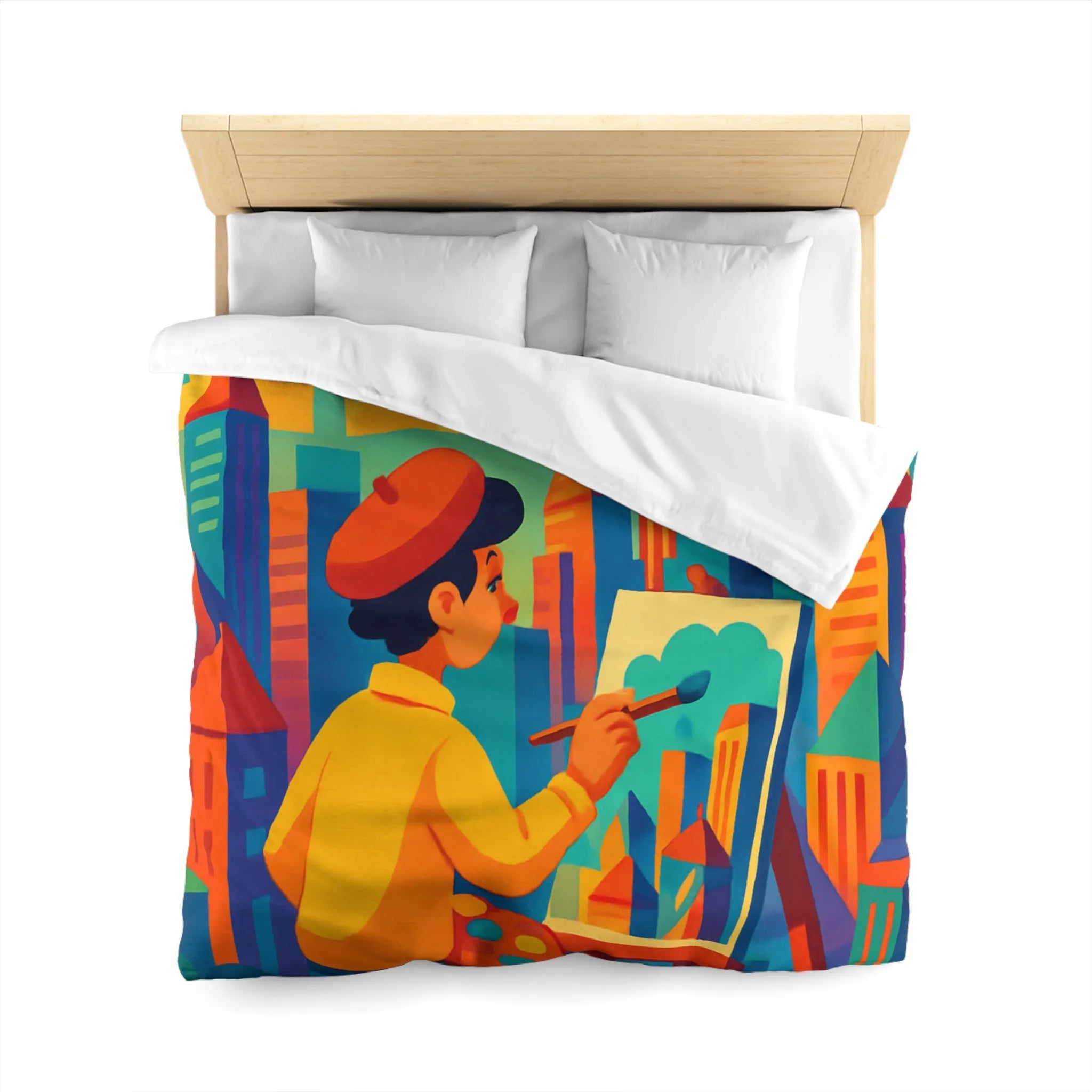 Housse de couette illustrée avec artiste et paysage urbain aux couleurs vibrantes