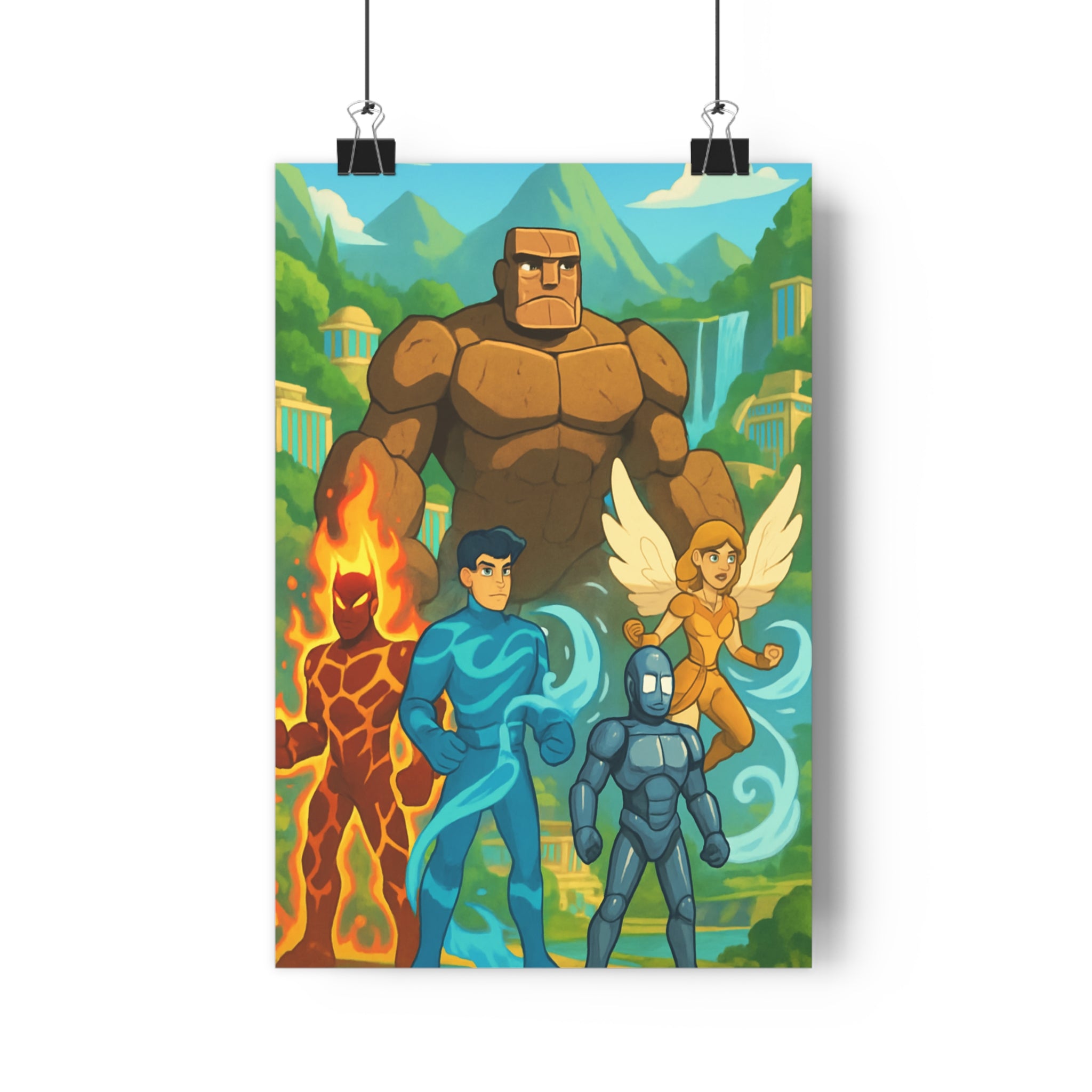 Poster décoratif cartoon naturel bleu vert orange marron aventure chambre enfant joyeux vibrant énergique