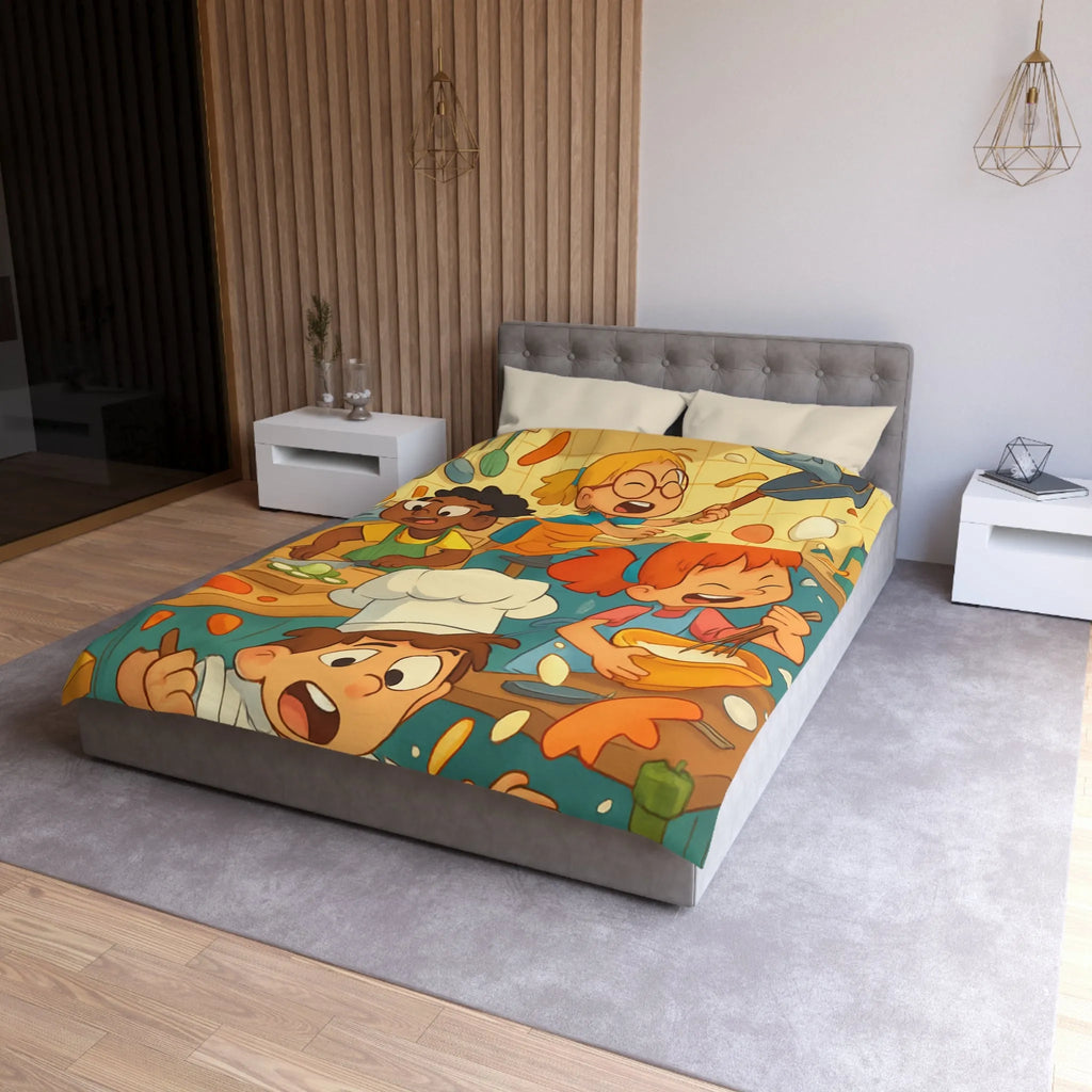 Housse de couette illustrée cuisine enfants joyeux couleurs vives spatule éclaboussures légumes