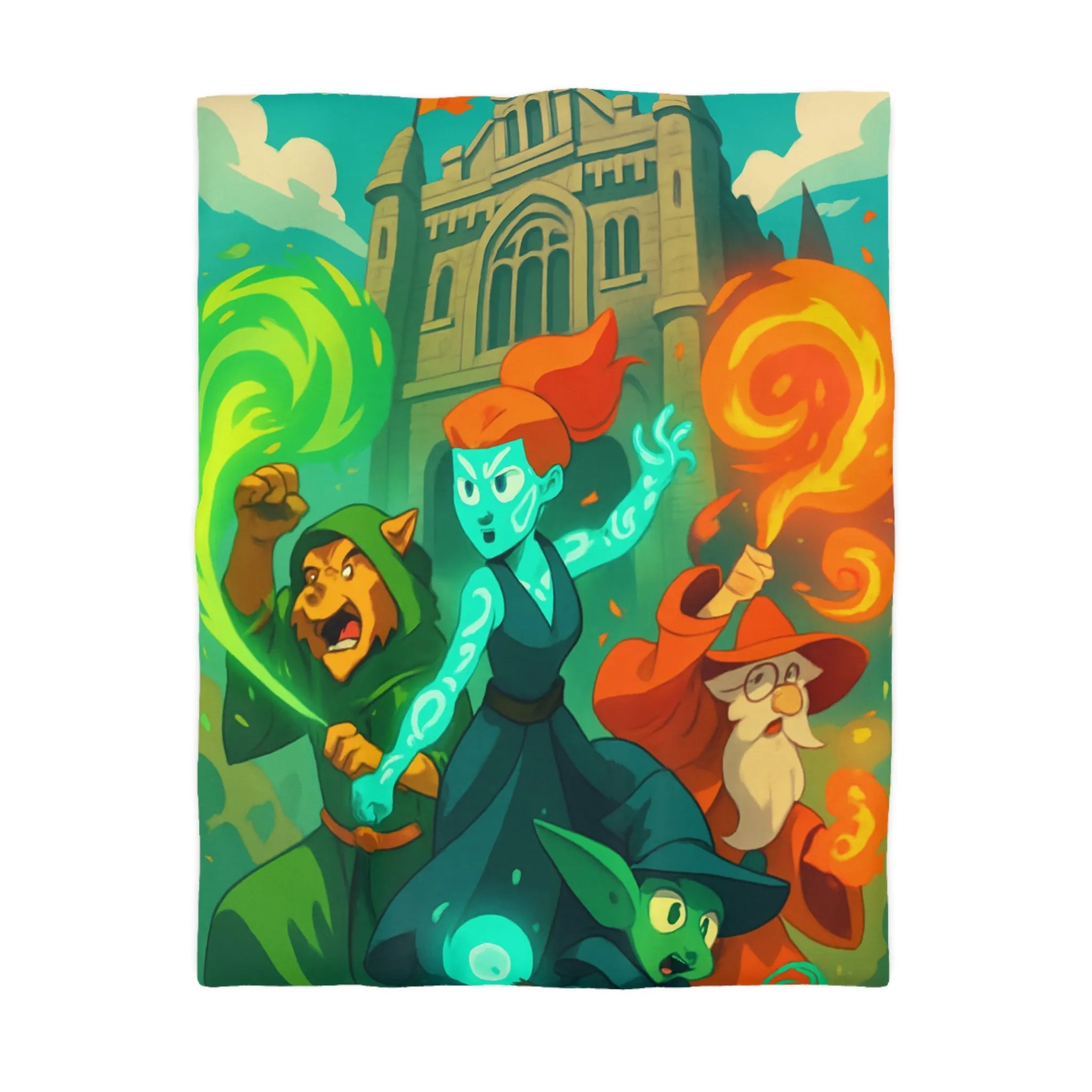 Housse de couette magique pour enfant avec personnages et château, ambiance féérique animée