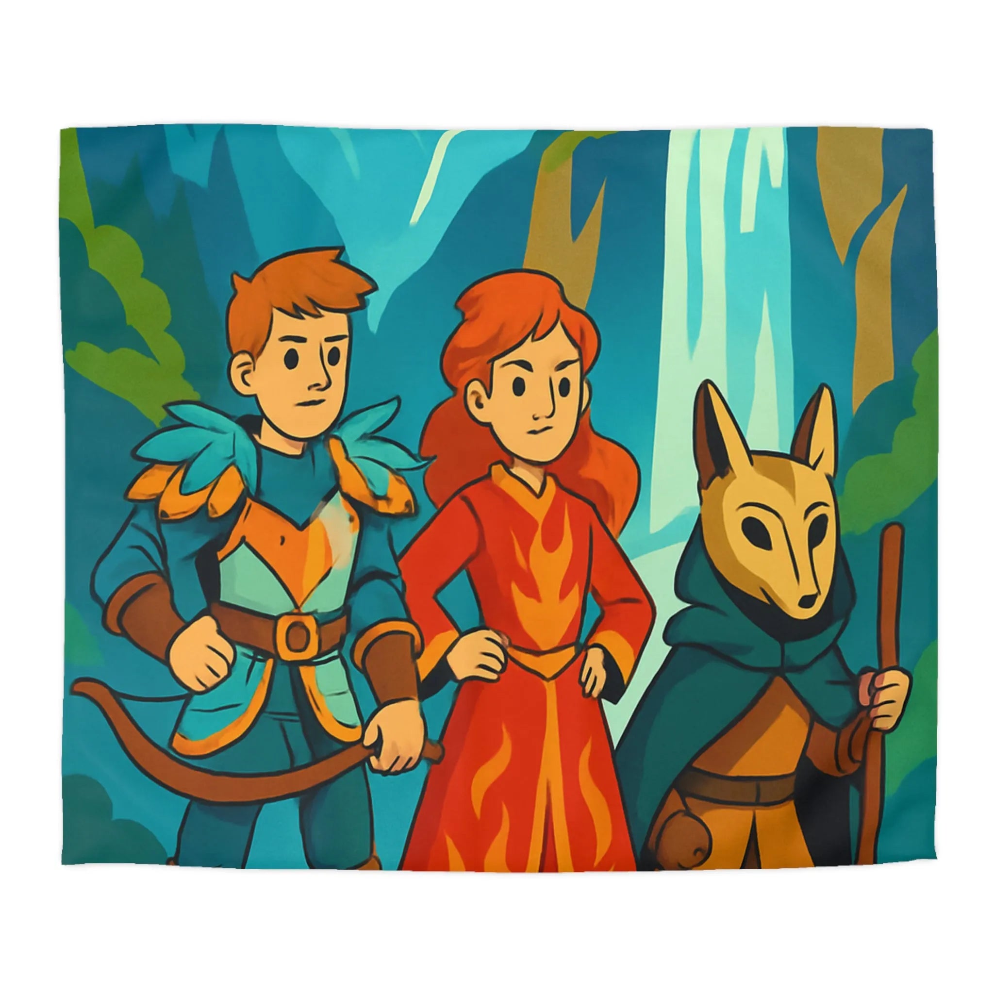 Housse de couette avec illustration aventureuse de personnages devant une cascade majestueuse